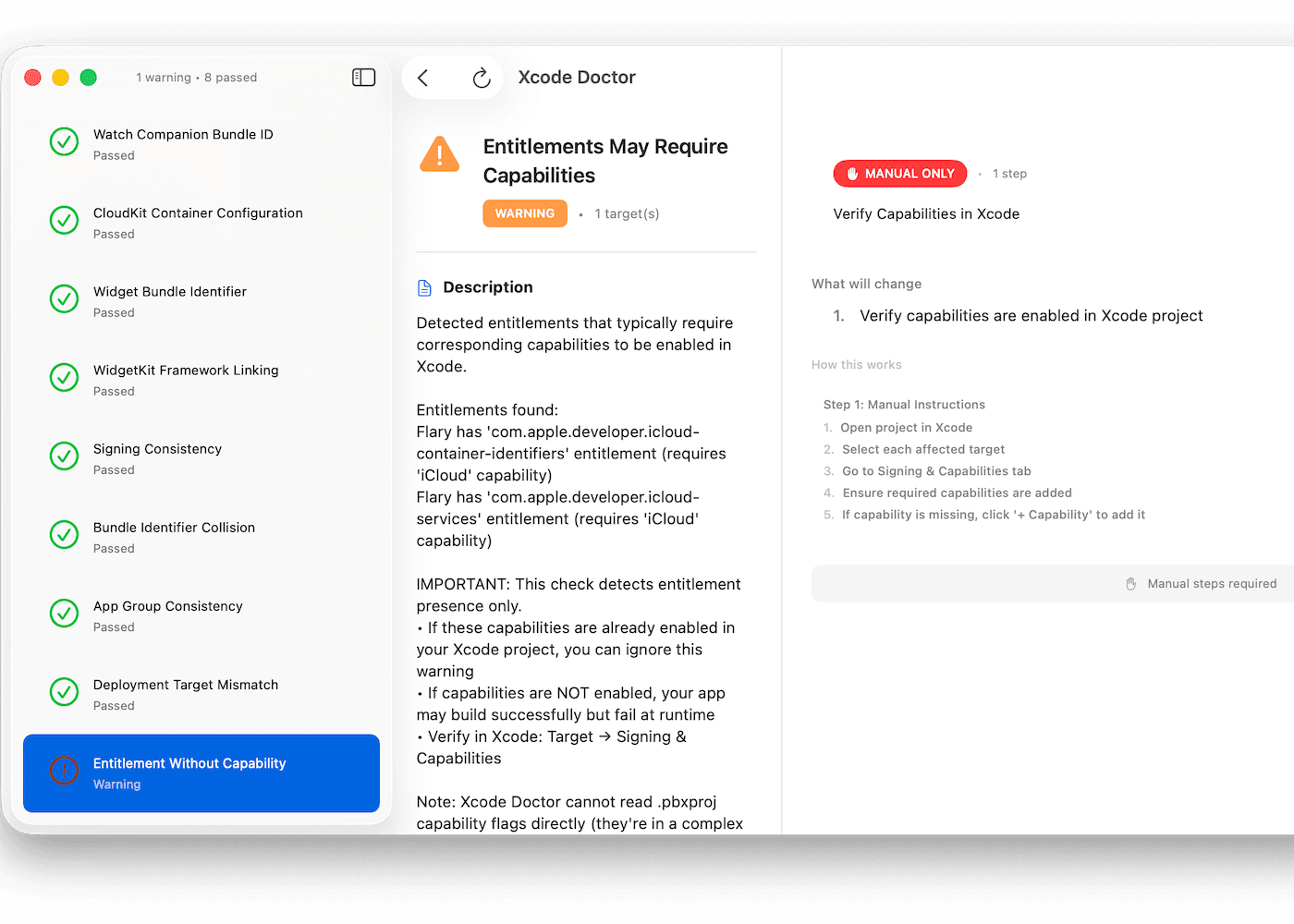 Xcode Doctor macOS app showing configuration checks