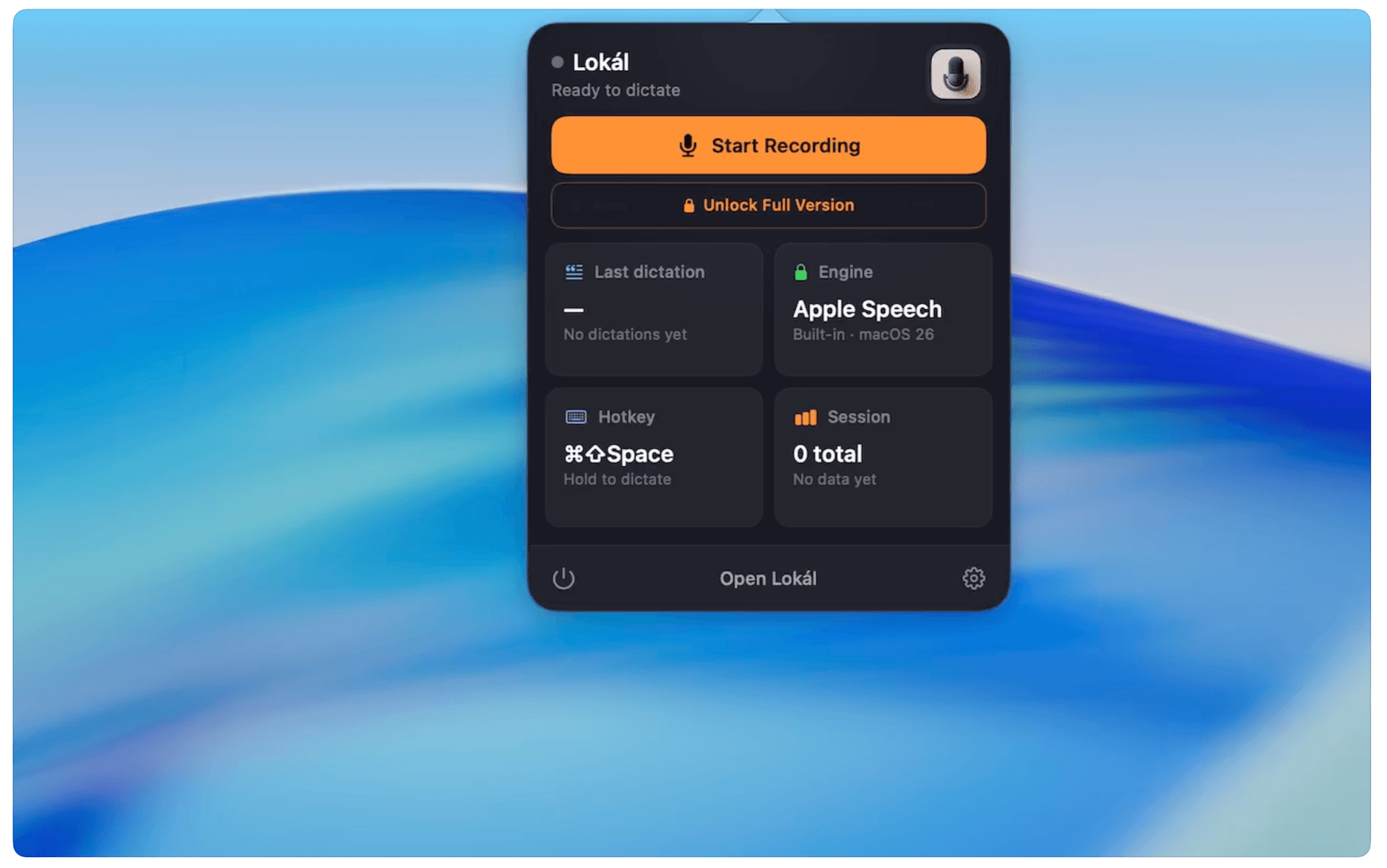 Lokál — menu bar popover with Start Recording button, Apple Speech engine (Built-in · macOS 26), ⌘⇧Space hotkey, and session stats