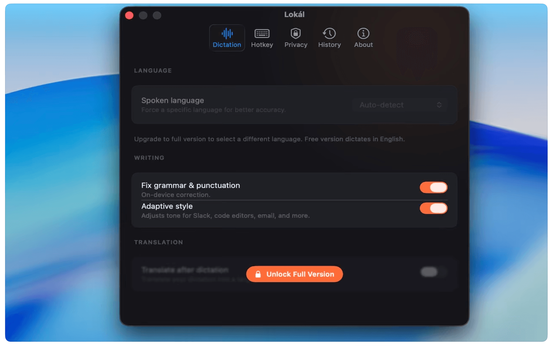 Lokál — 100% on-device speech processing via SFSpeechAnalyzer, audio discarded after transcription, no cloud upload