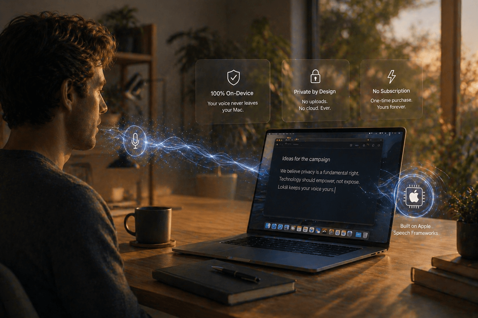 Lokál — on-device voice dictation for macOS, hero