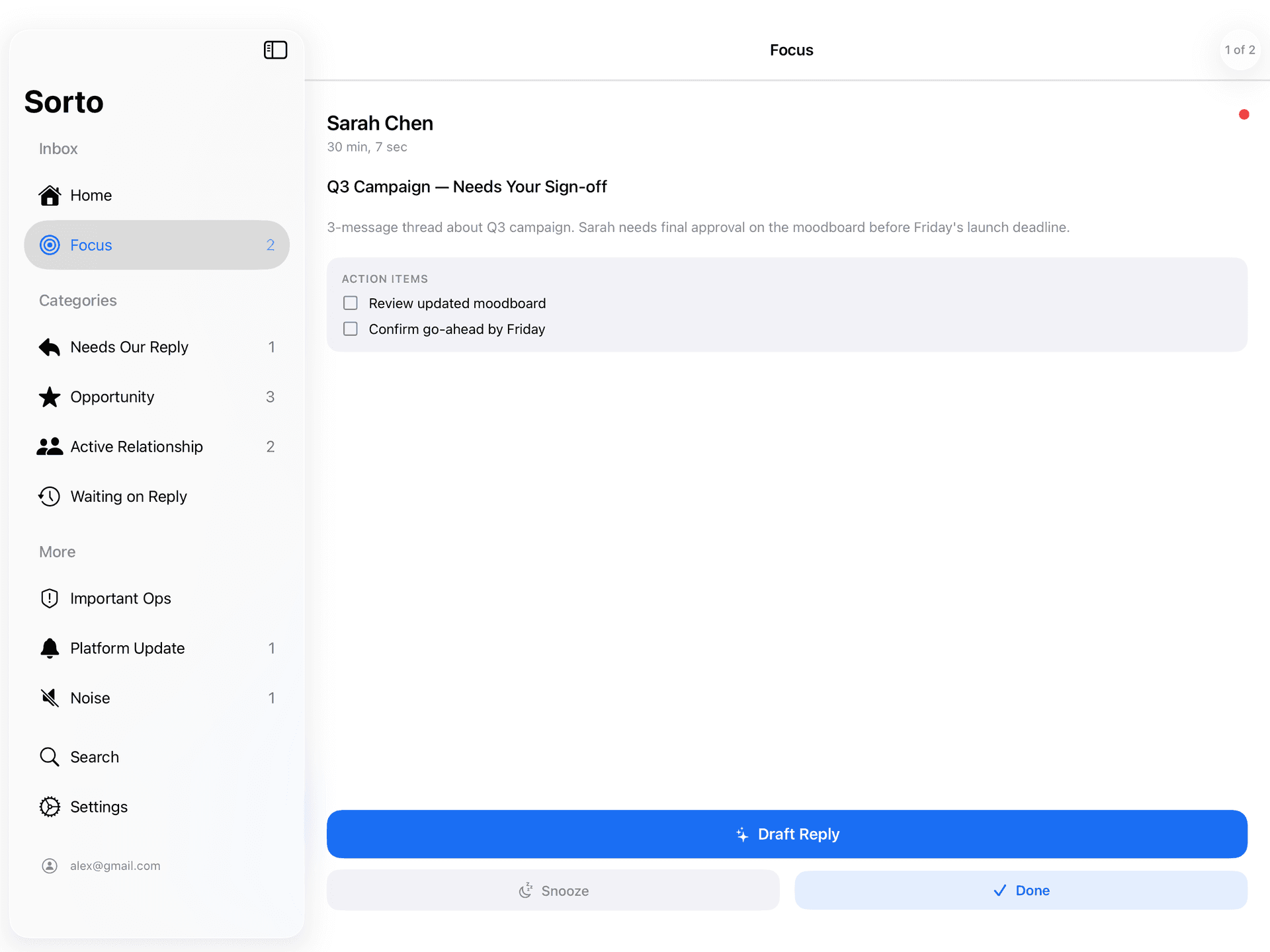 Sorto Focus Mode — one thread, full attention
