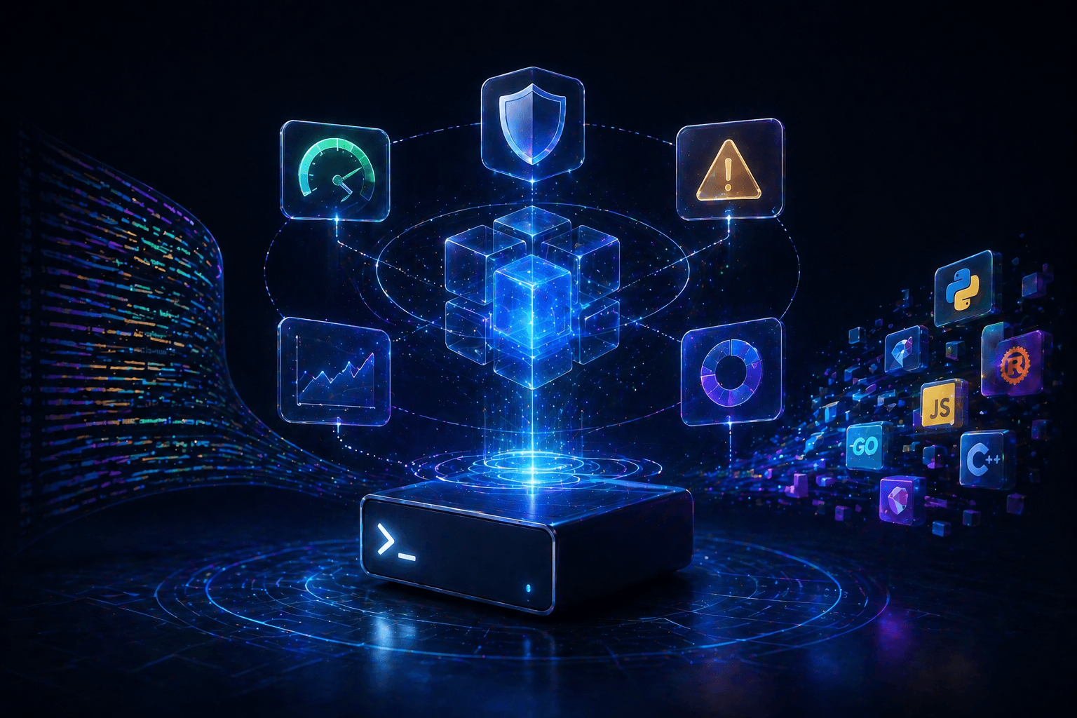 Devscope — holographic dashboard showing security, performance, and code-quality modules connected to a central CLI cube with Python, JS, Go, C++ language icons