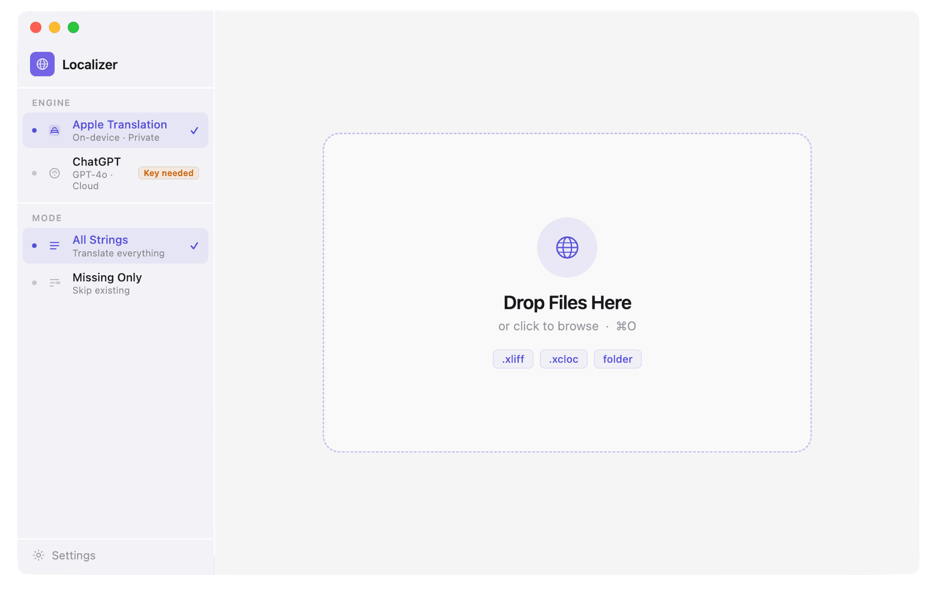 Xcode Localization Translator drag and drop interface on macOS