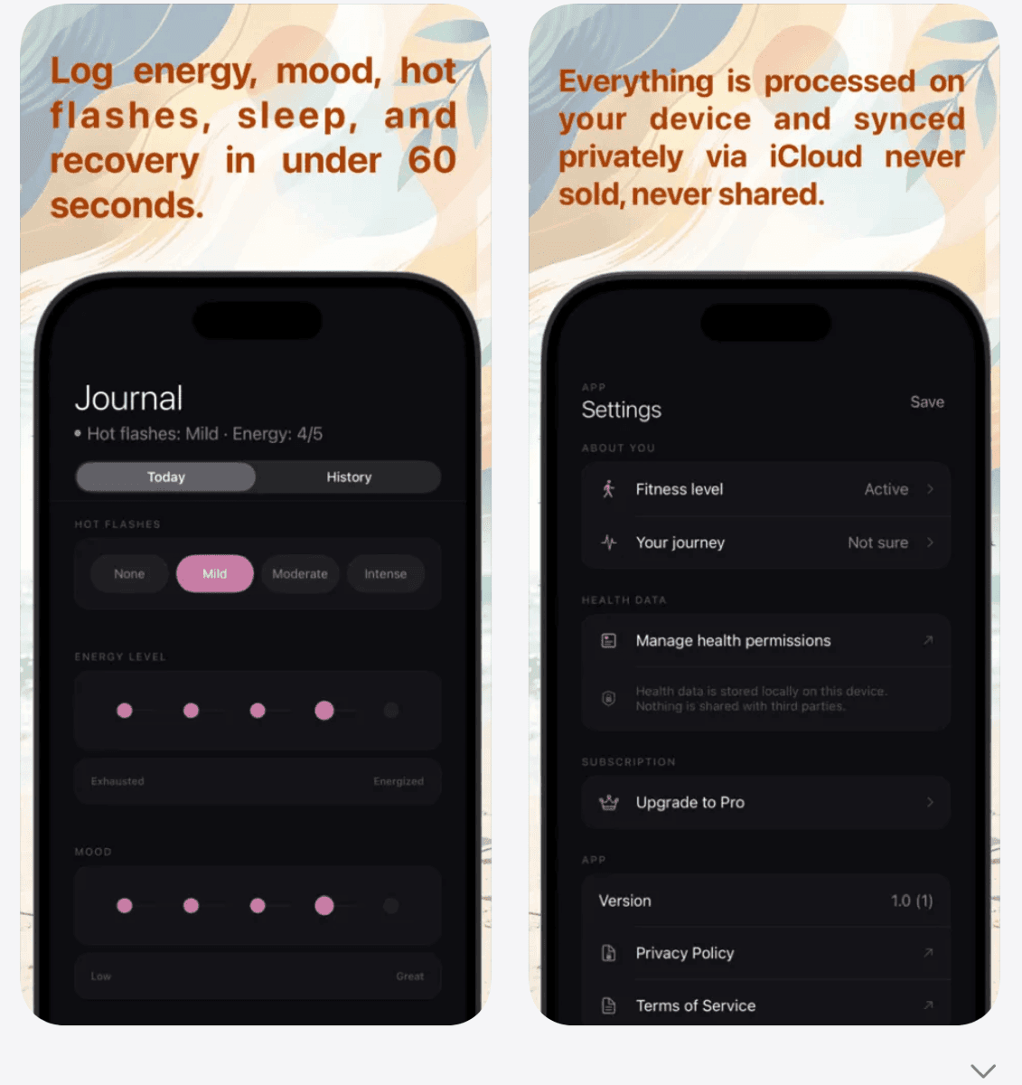 Nourava — daily journal for logging energy, mood, and hot flashes alongside privacy settings showing on-device health data storage