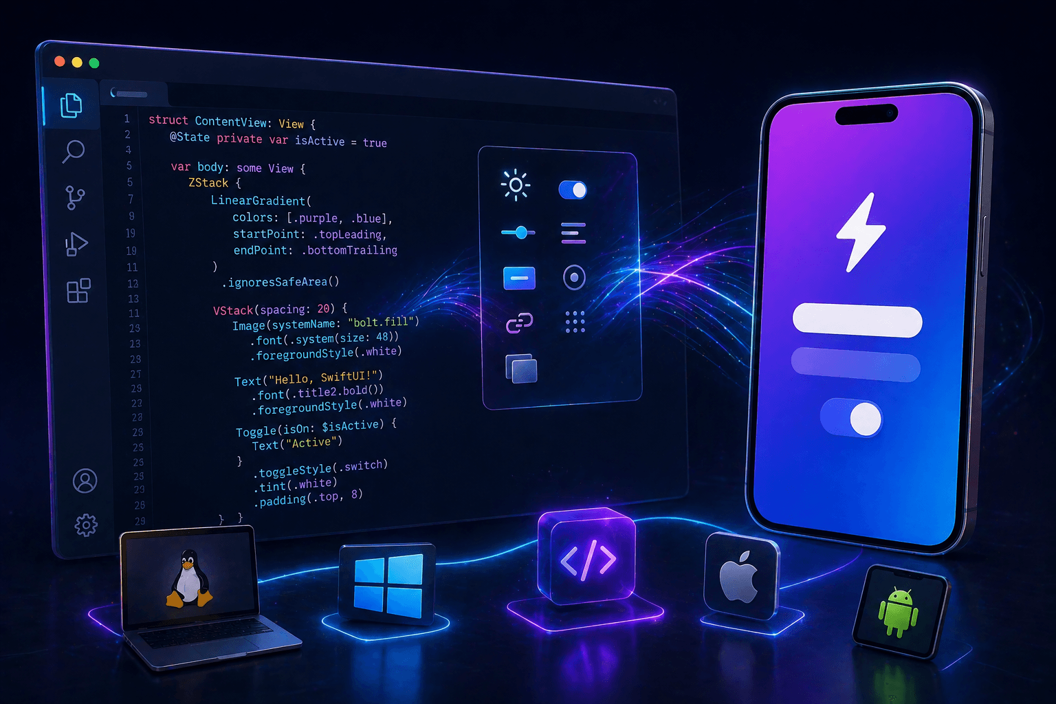 SwiftUI CrossPreview — Xcode editor with SwiftUI code next to an iPhone preview, surrounded by Linux, Windows, Apple, and Android platform icons