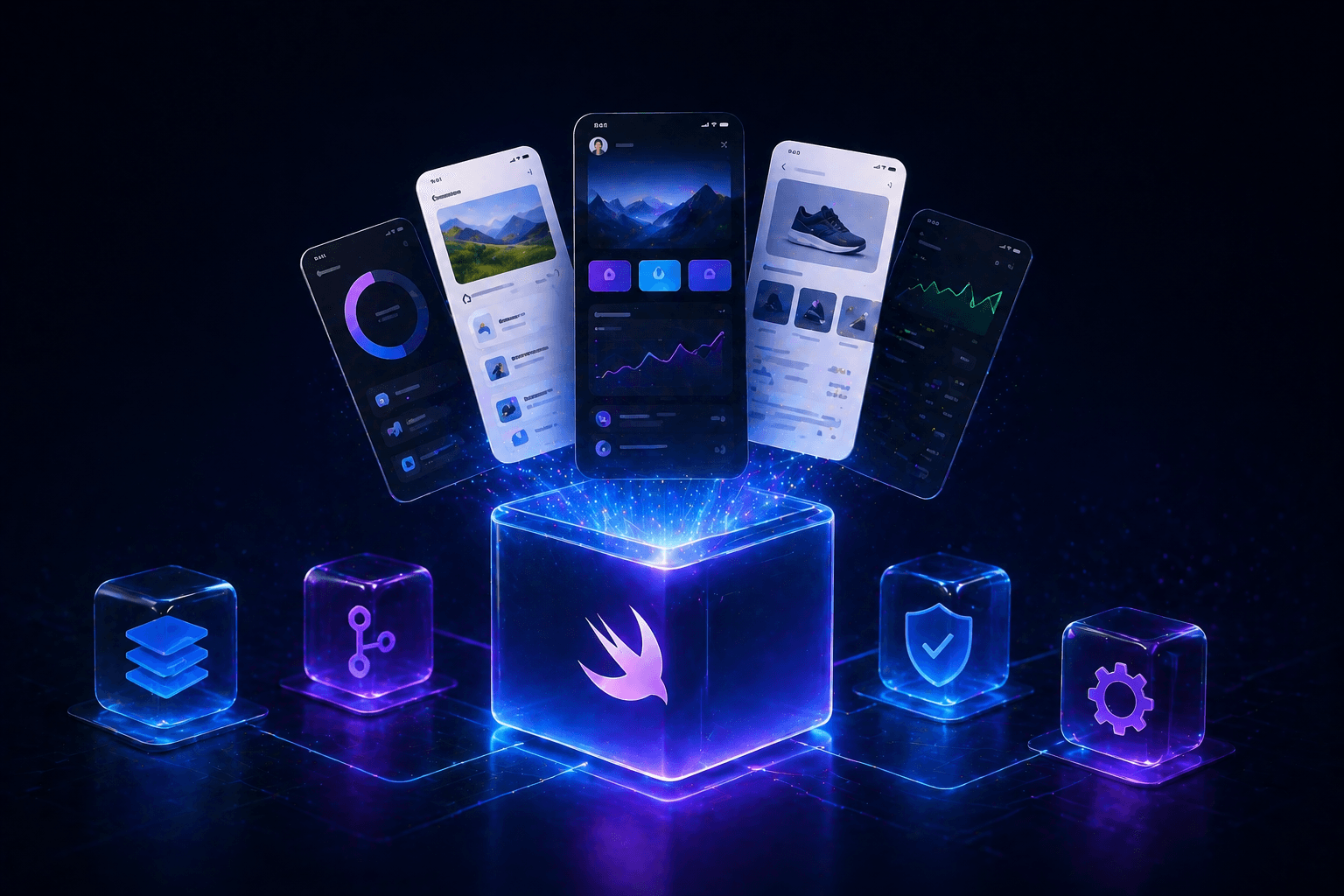SwiftUI Templates — glowing Swift logo cube with multiple iPhone UI screens emerging above it, showing dashboard, photo, product, and analytics template designs