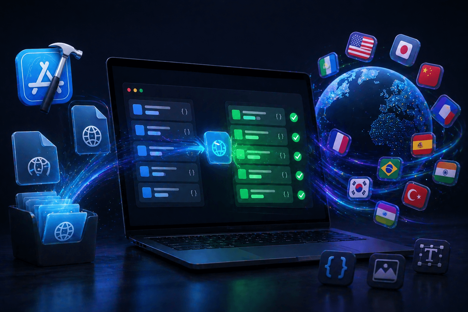 Xcode Localization Translator — MacBook showing .strings files being translated with country flags for US, Japan, China, France, Spain, Brazil, Korea, Turkey, India orbiting a globe