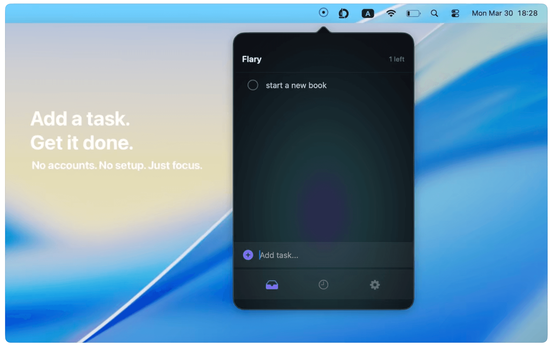 Flary — menu bar popover showing task list with quick-add field, on a macOS Sequoia desktop. Tagline: Add a task. Get it done.