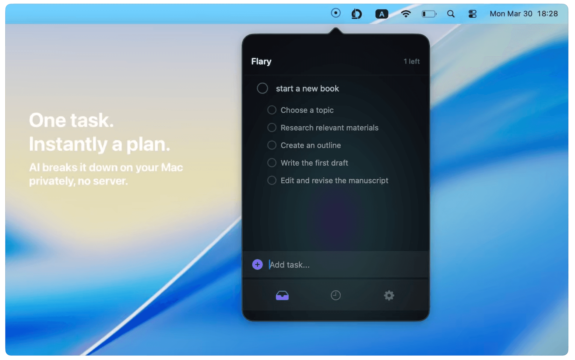 Flary — on-device AI task decomposition using Foundation Models, breaking a vague task into clear subtasks locally on macOS