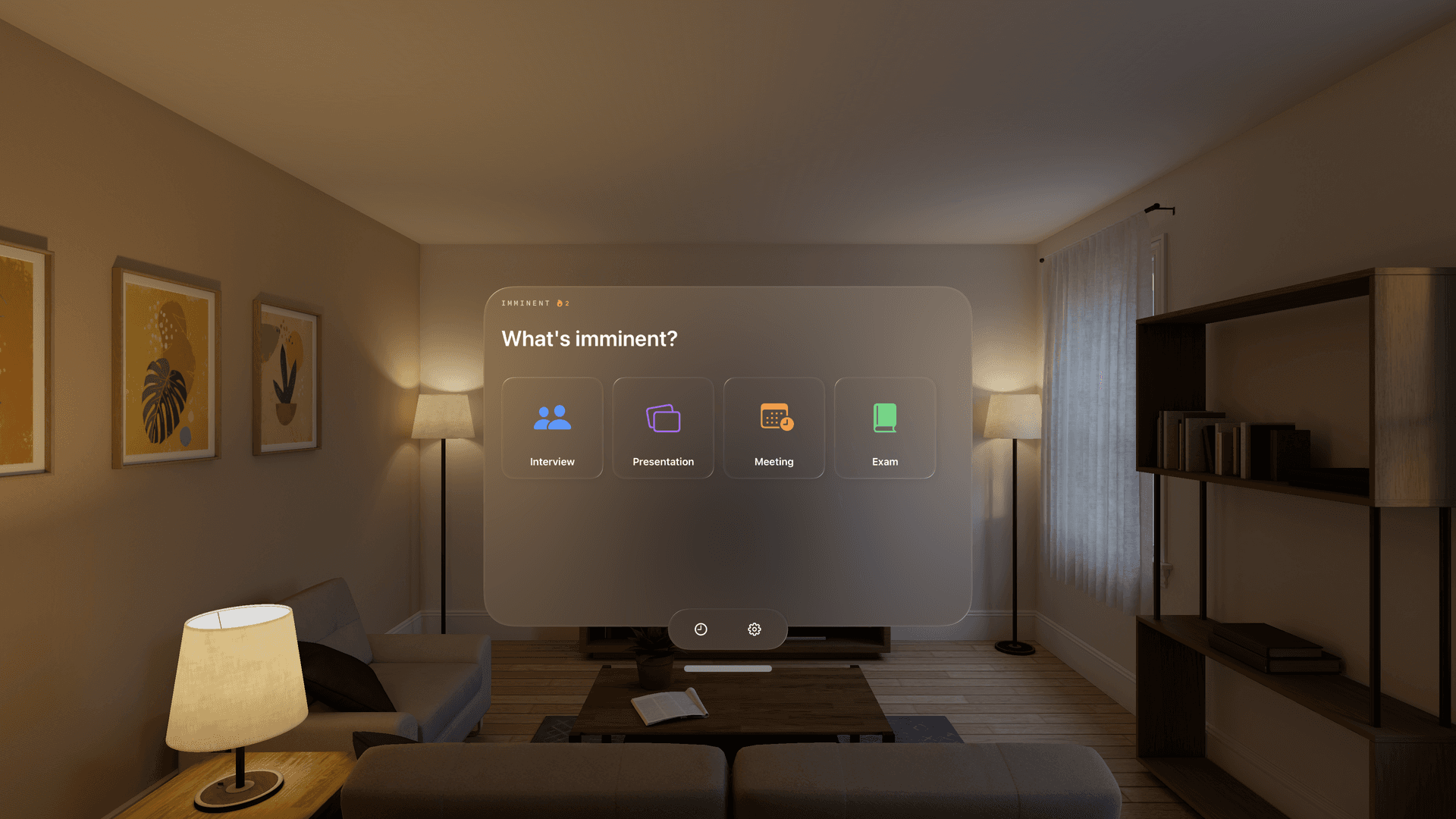 Imminent — four prep session types: Interview, Presentation, Meeting, and Exam on Apple Vision Pro