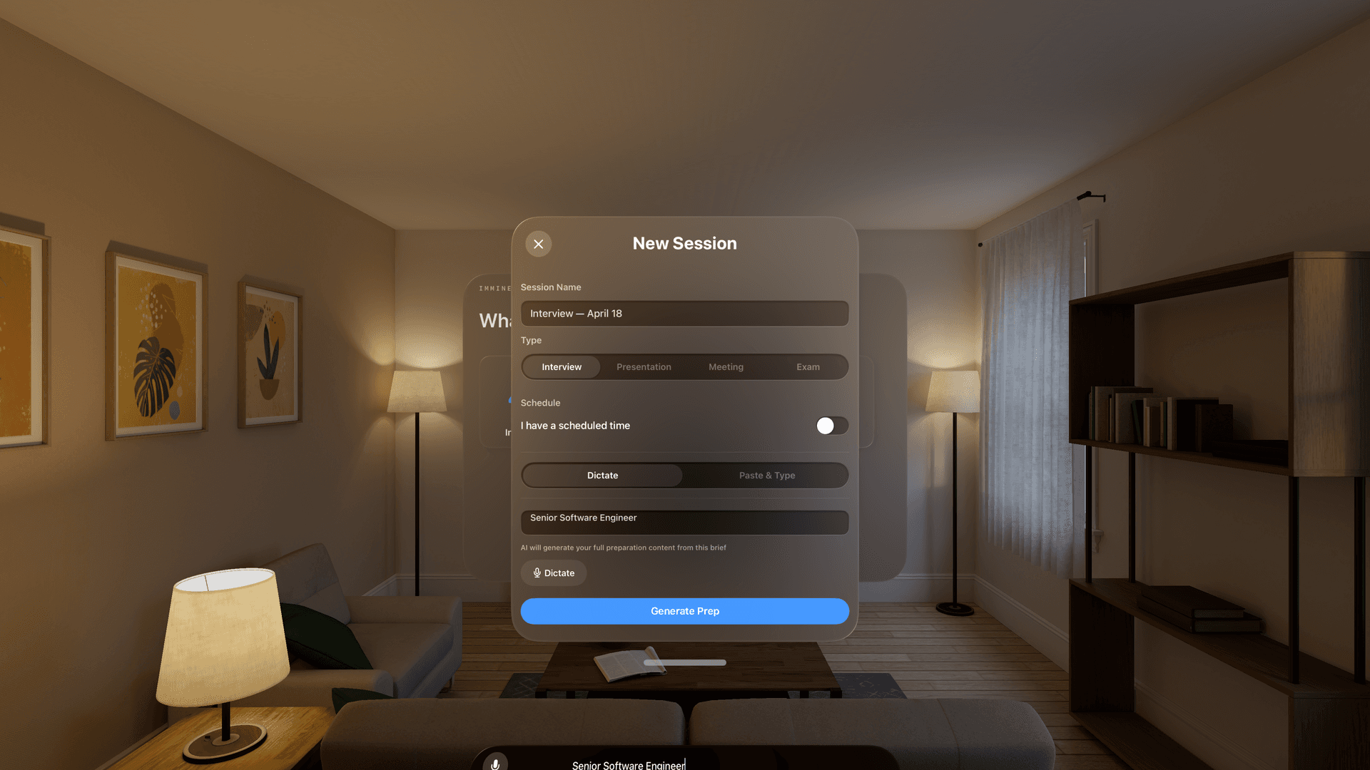 Imminent — immersive spatial workspace on Apple Vision Pro showing prep content laid out in 3D space