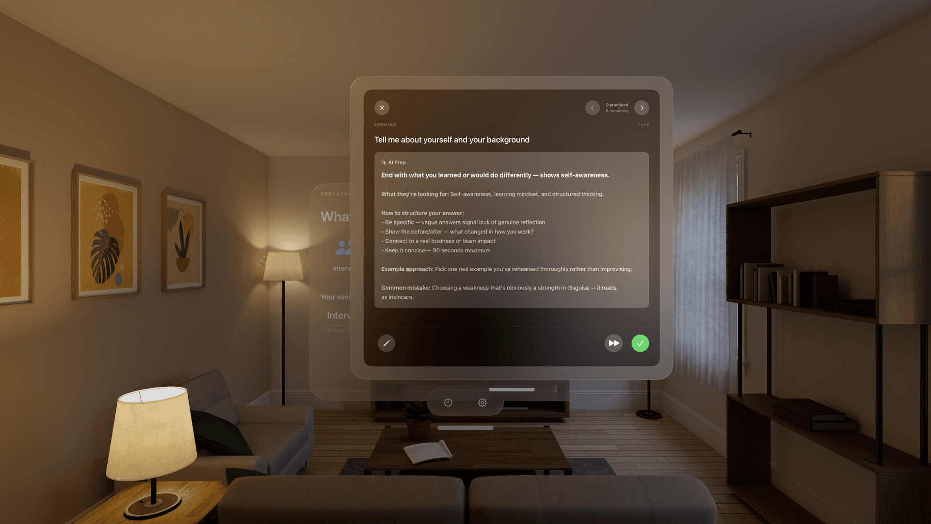 Imminent — on-device AI generating structured prep content via Apple Intelligence, zero data sent externally