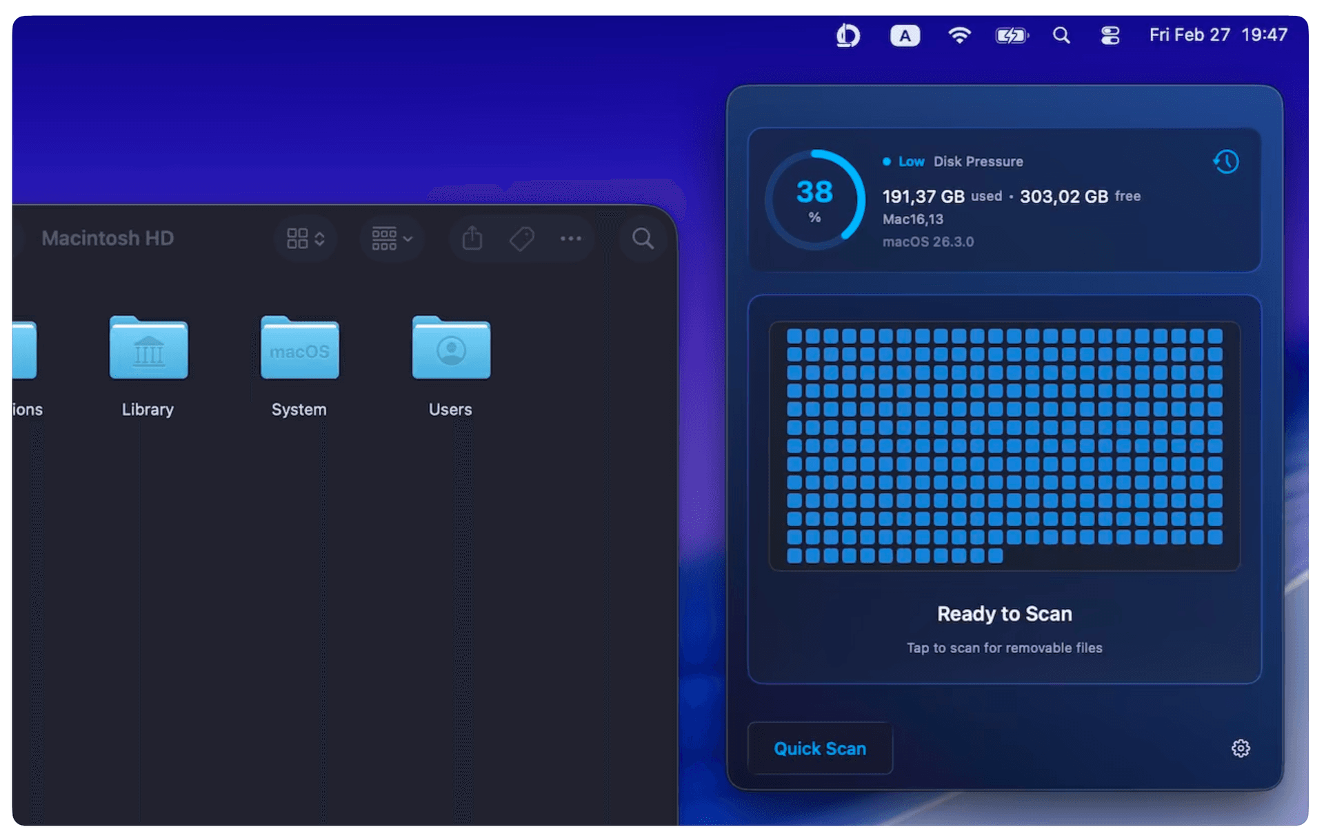 Junkyard — visual block map of disk usage broken down by category: caches, downloads, logs, Xcode derived data, and simulator files