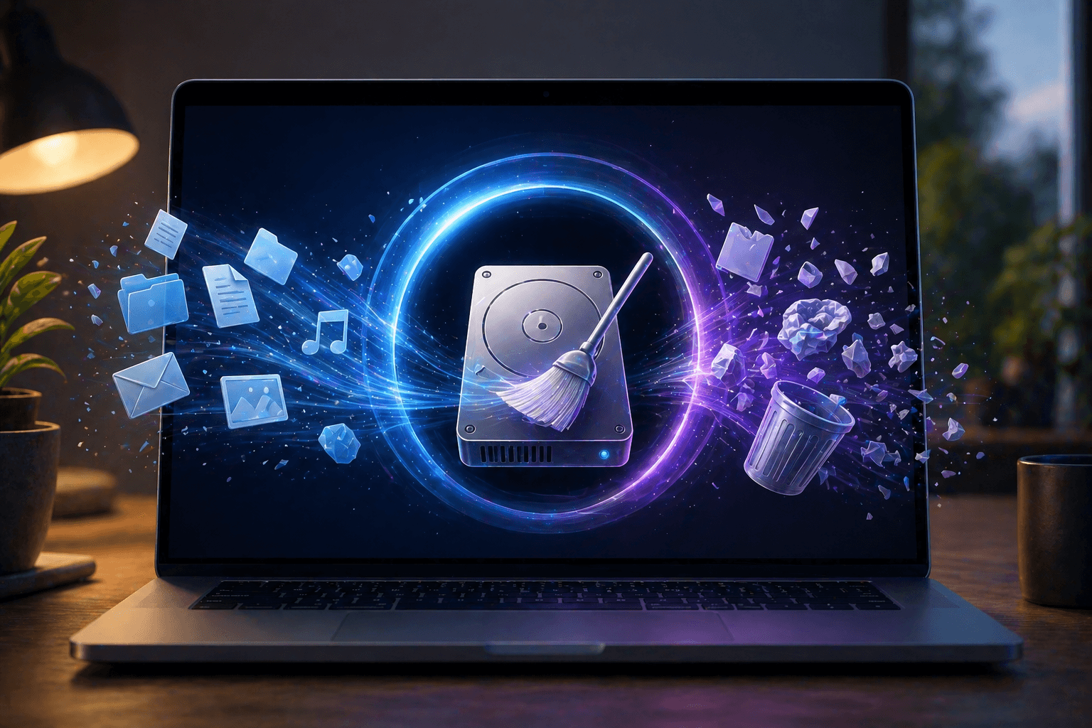 Junkyard — MacBook showing disk cleanup with files sweeping into trash, cinematic hero
