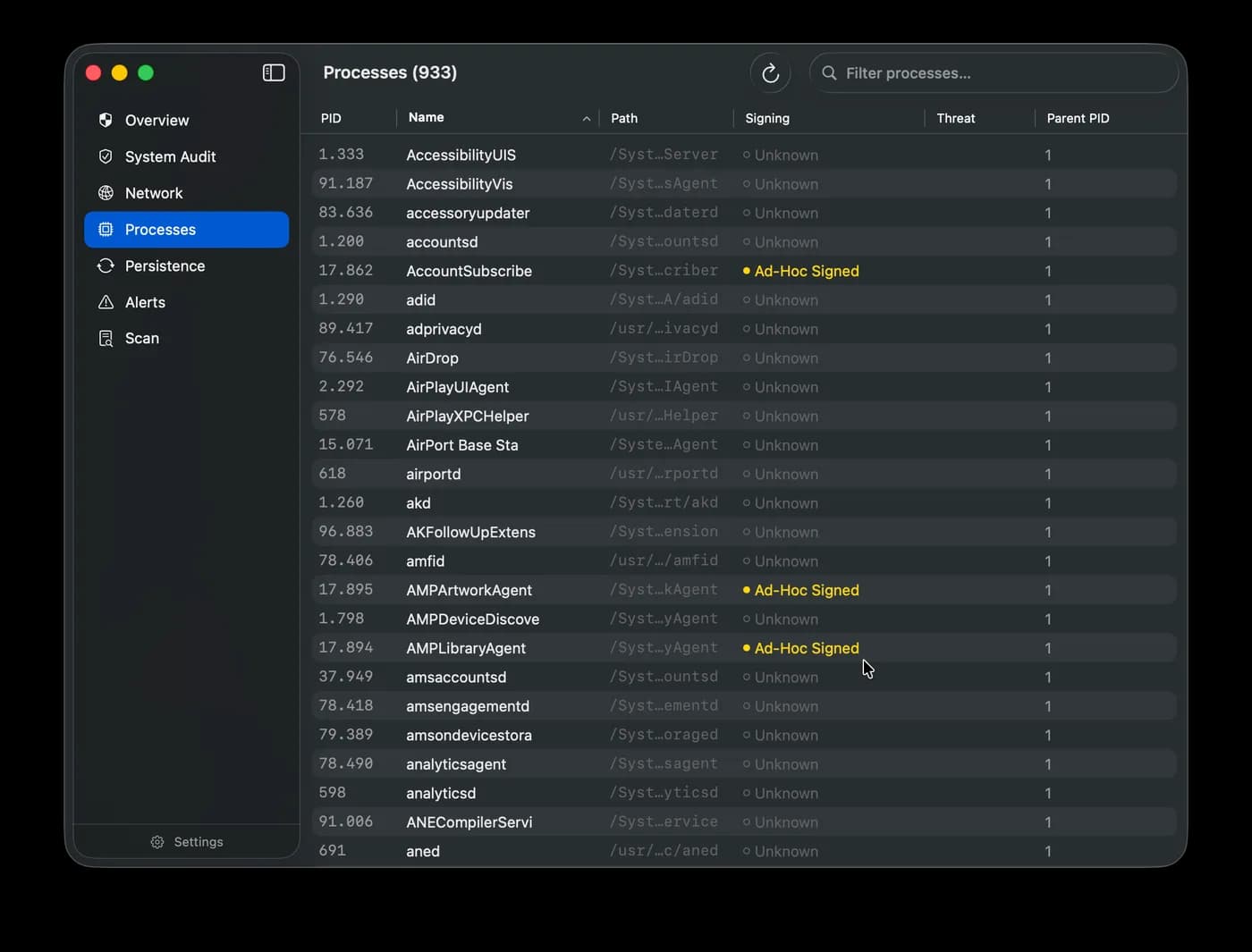 Nick Process Auditor — running processes with signing status and threat level