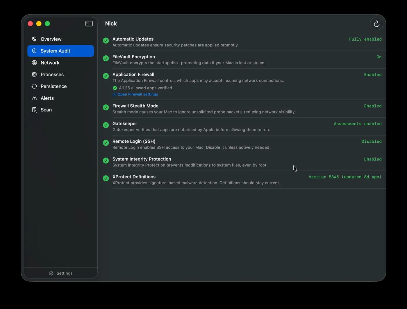 Nick System Integrity Audit — security posture checklist