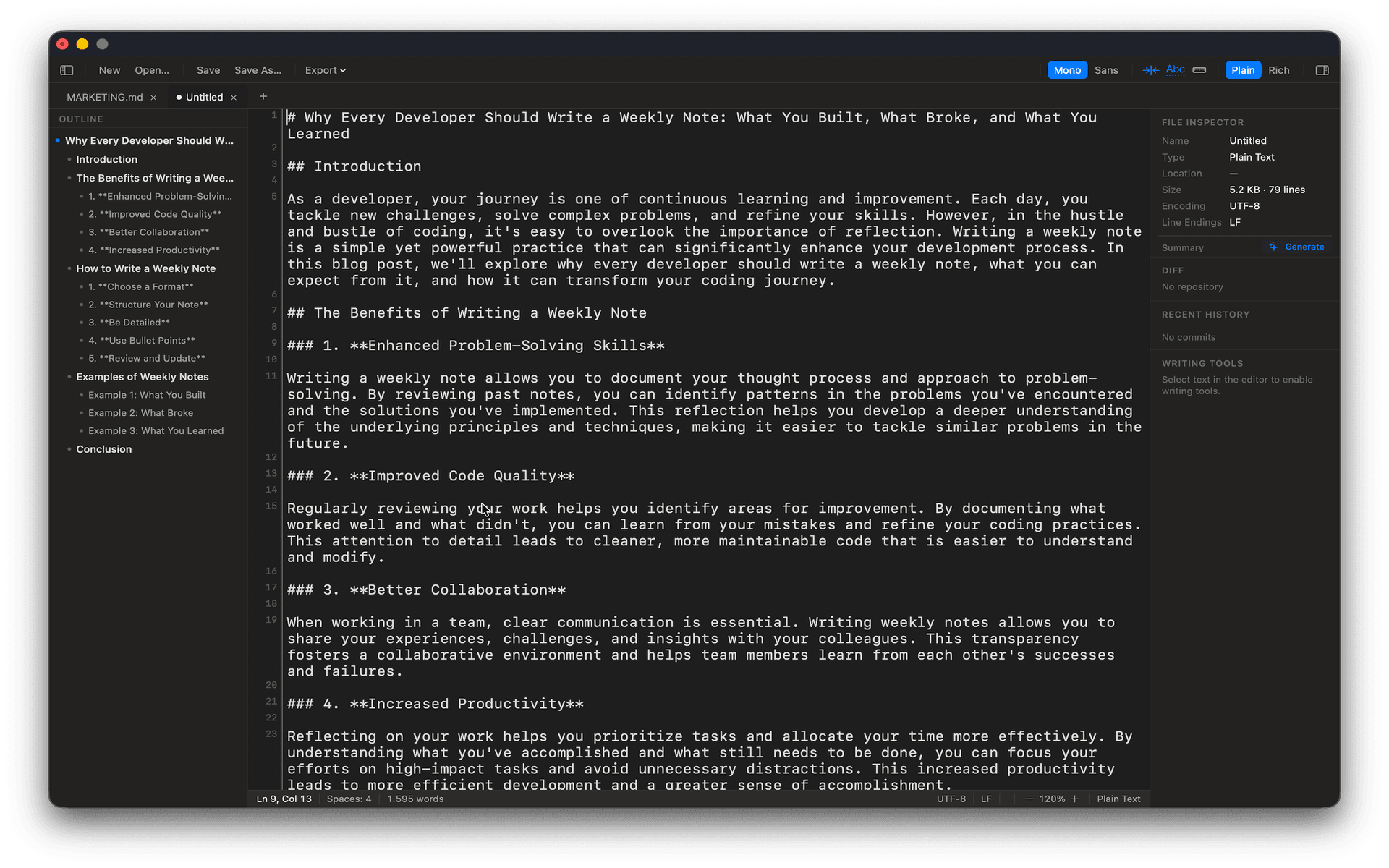Paperforge writing modes — Markdown, code, and rich text
