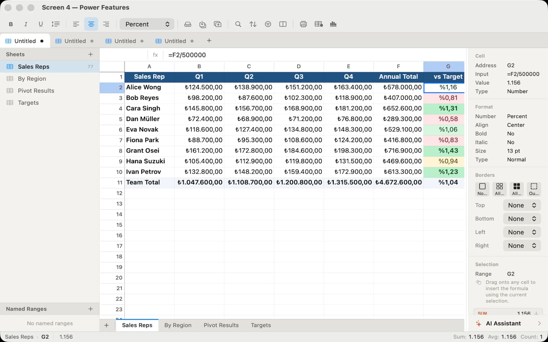 Sheetforge power features — conditional formatting and pivot tables