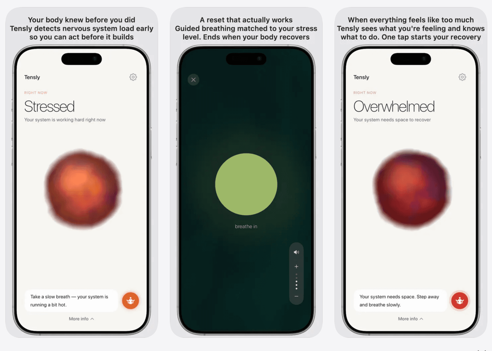 Tensly — three stress states: Stressed (red orb), guided breathing reset on dark background, and Overwhelmed with one-tap recovery prompt