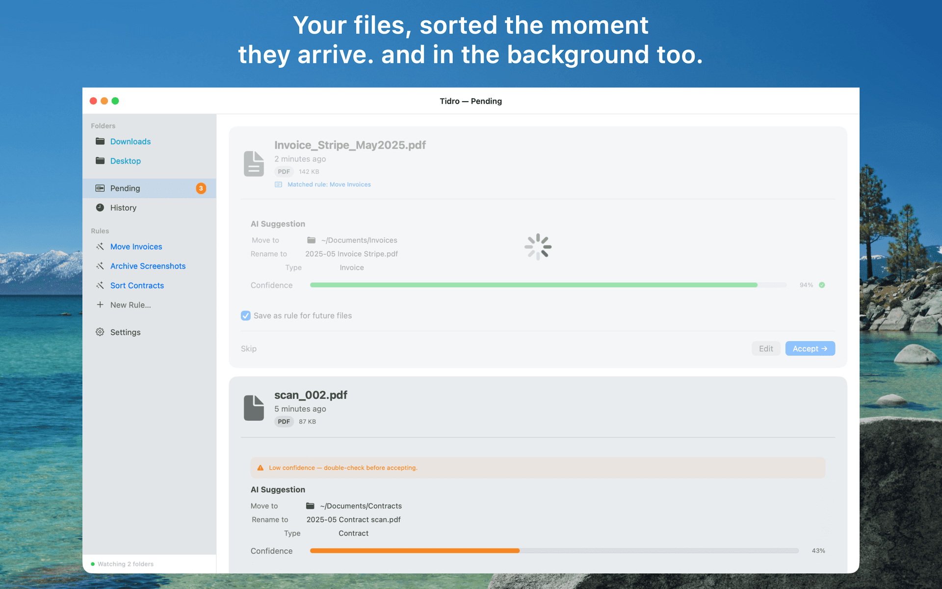 Tidro inbox showing file cards awaiting review