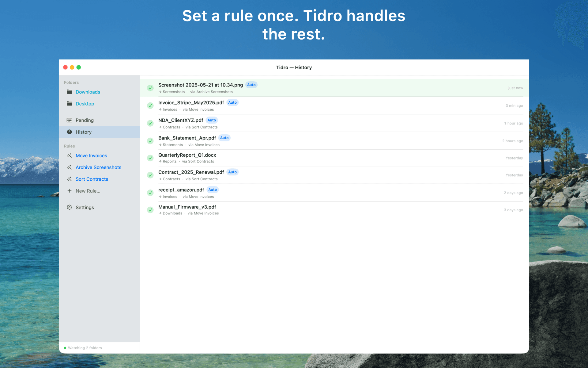 Tidro auto-move history showing files moved by rules