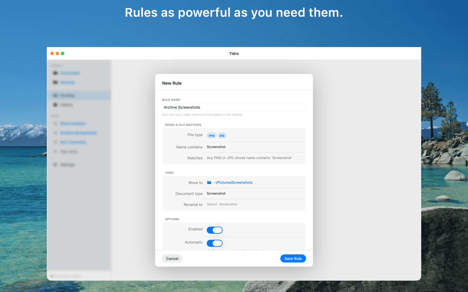 Tidro rule editor sheet with destination folder and automatic toggle