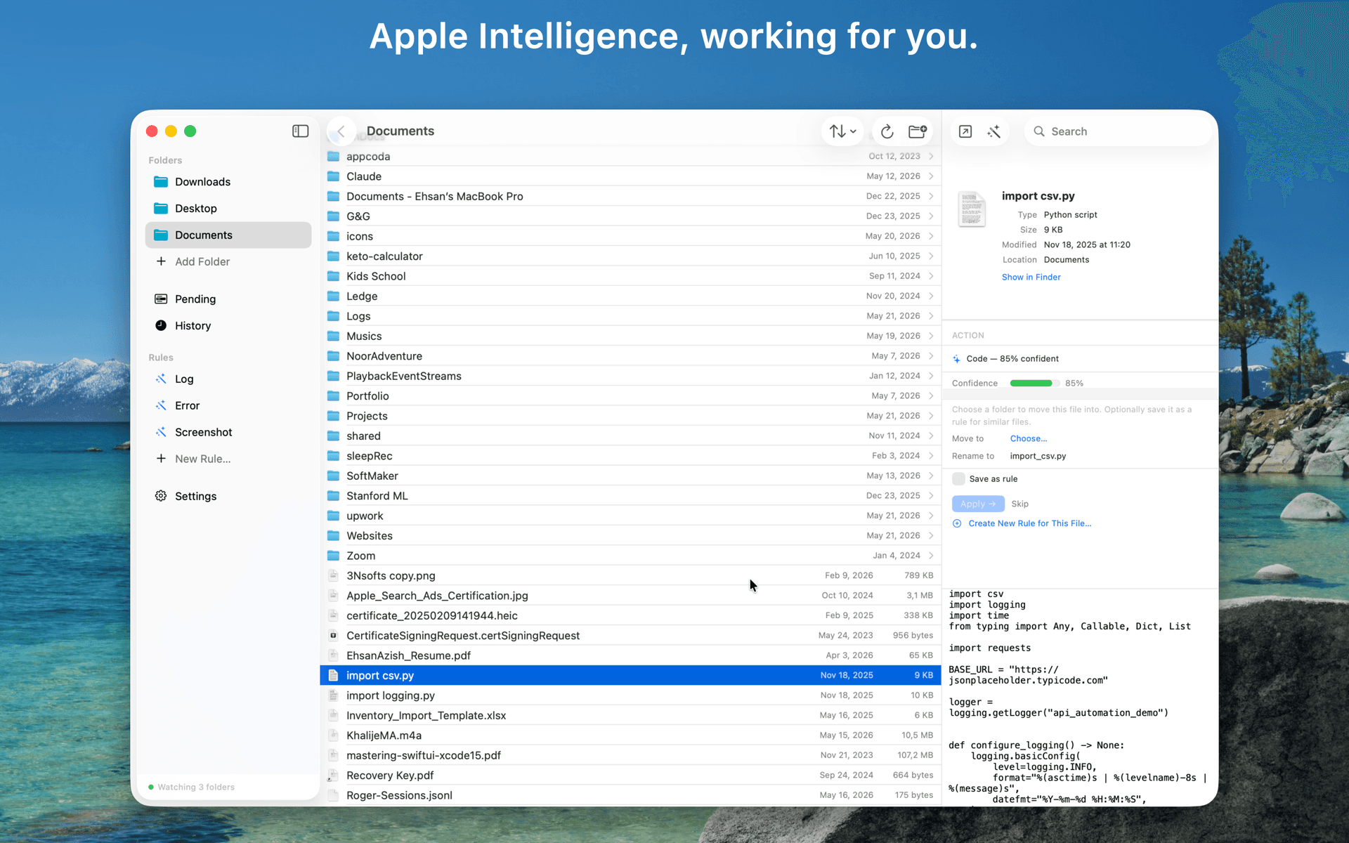 Tidro main view showing organised file activity