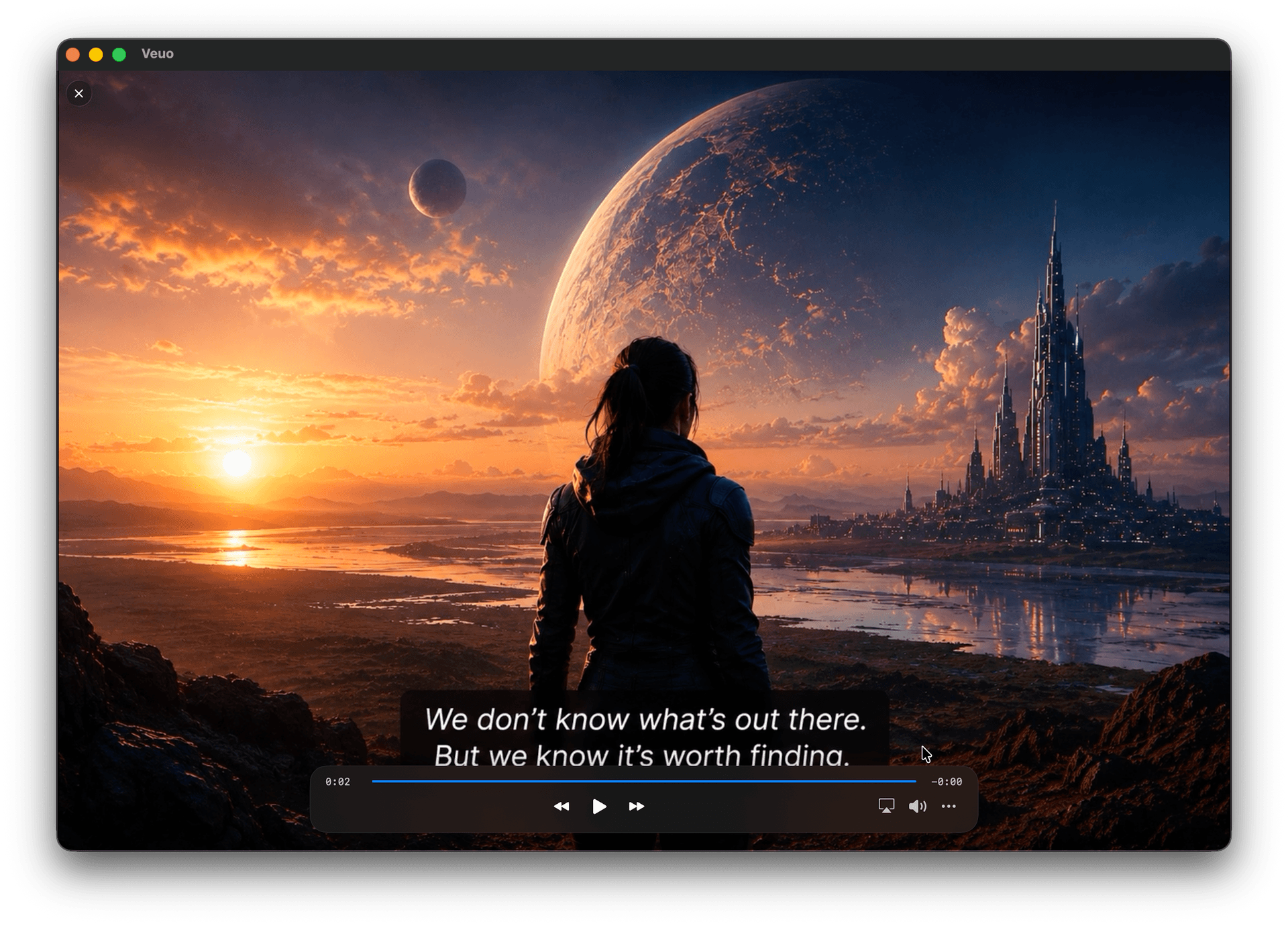 Veuo Mac player window playing a video with subtitles