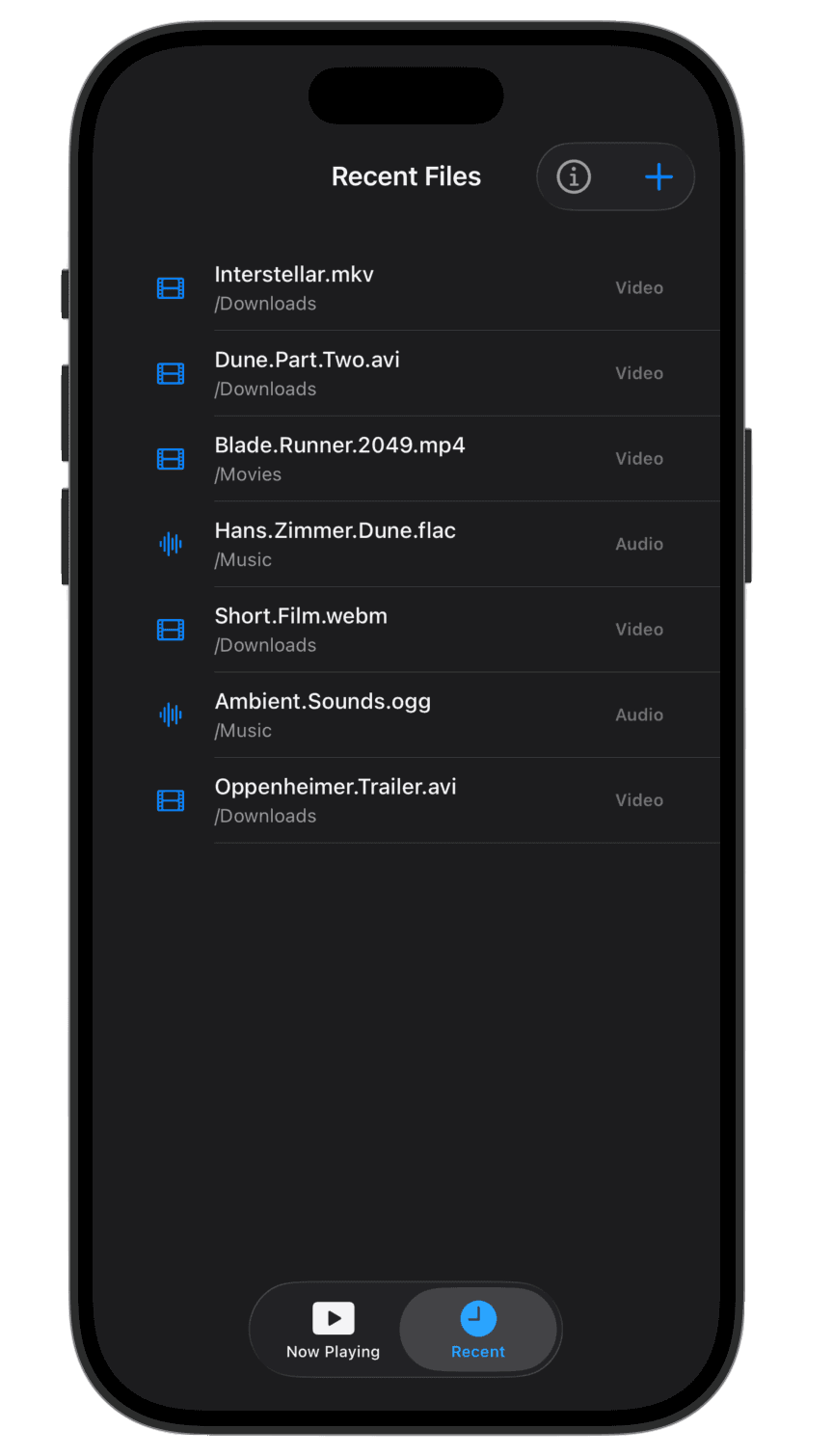 Veuo recent files screen showing multiple video and audio formats