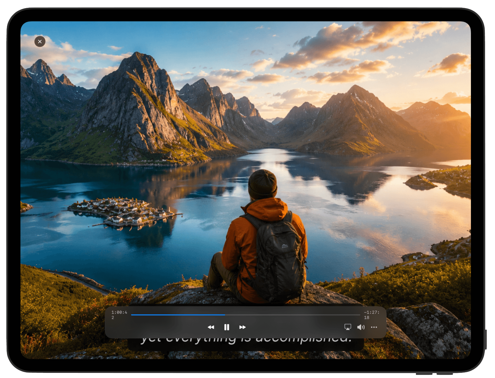 Veuo landscape player on iPad with playback controls
