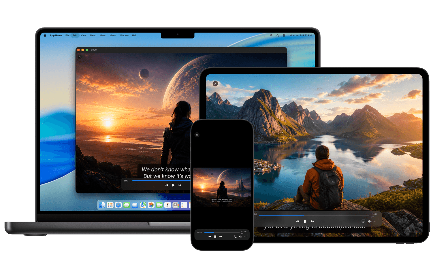 Veuo playing video across iPhone, iPad, and Mac