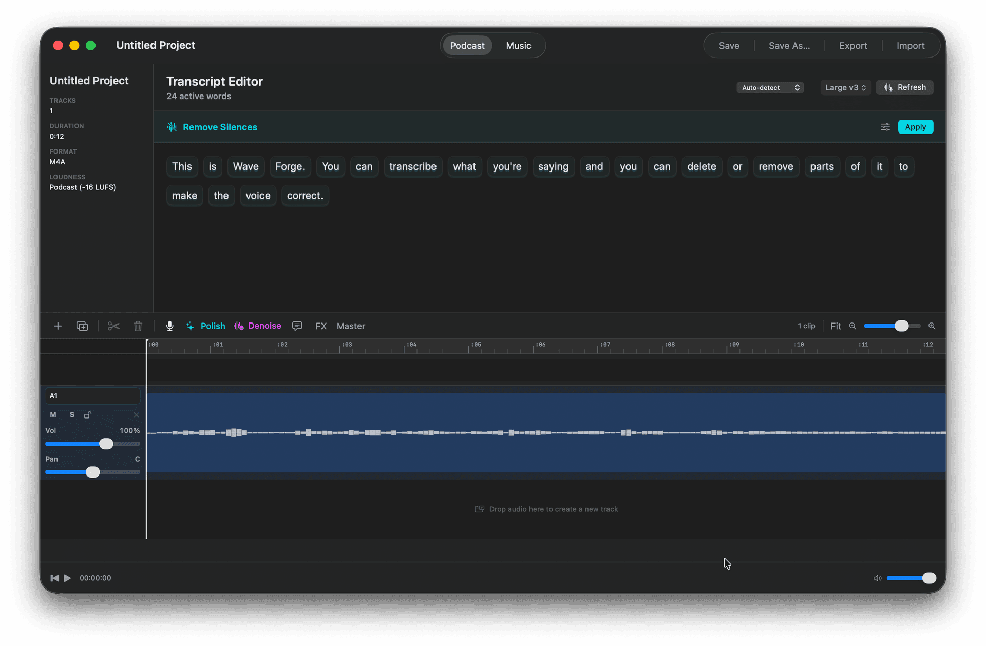 Waveforge timeline with clips, fades, and playhead
