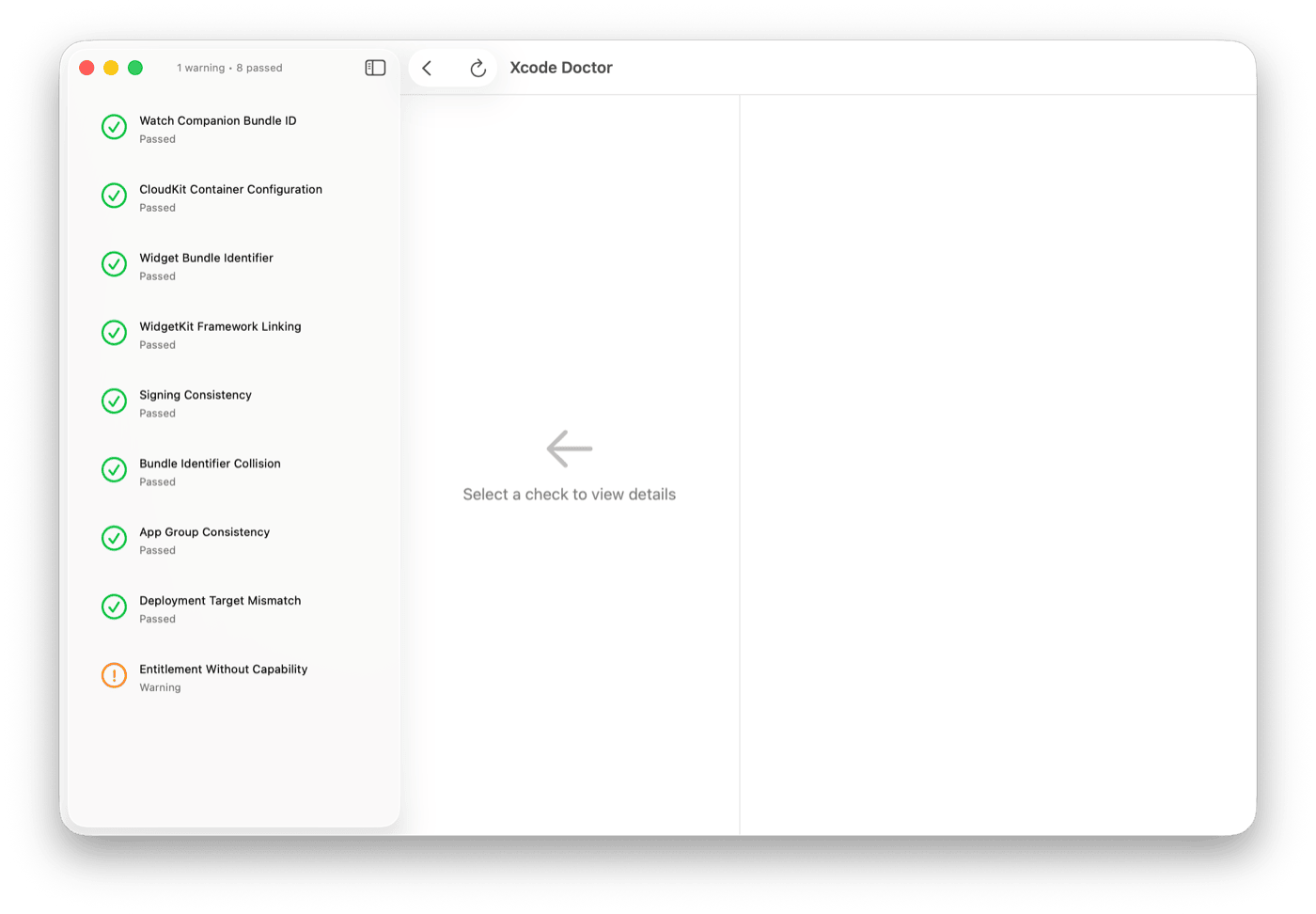 Xcode Doctor — 9 project checks listed: Watch Companion Bundle ID, CloudKit, Widget Bundle Identifier, WidgetKit Framework Linking, Signing Consistency, Bundle Identifier Collision, App Group Consistency, Deployment Target Mismatch all passed, Entitlement Without Capability warning