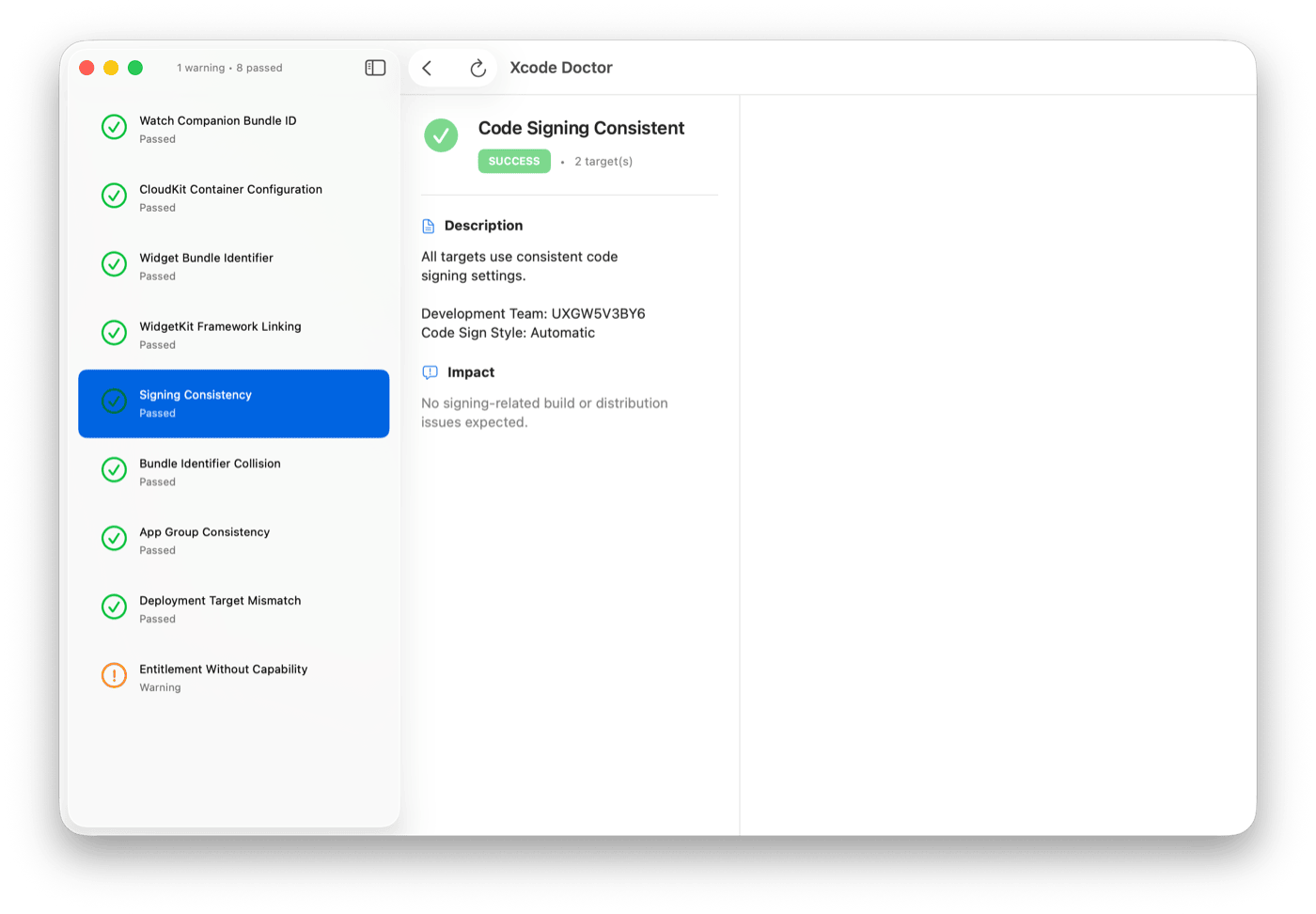 Xcode Doctor — Code Signing Consistent detail pane showing SUCCESS badge, development team, code sign style, and impact summary