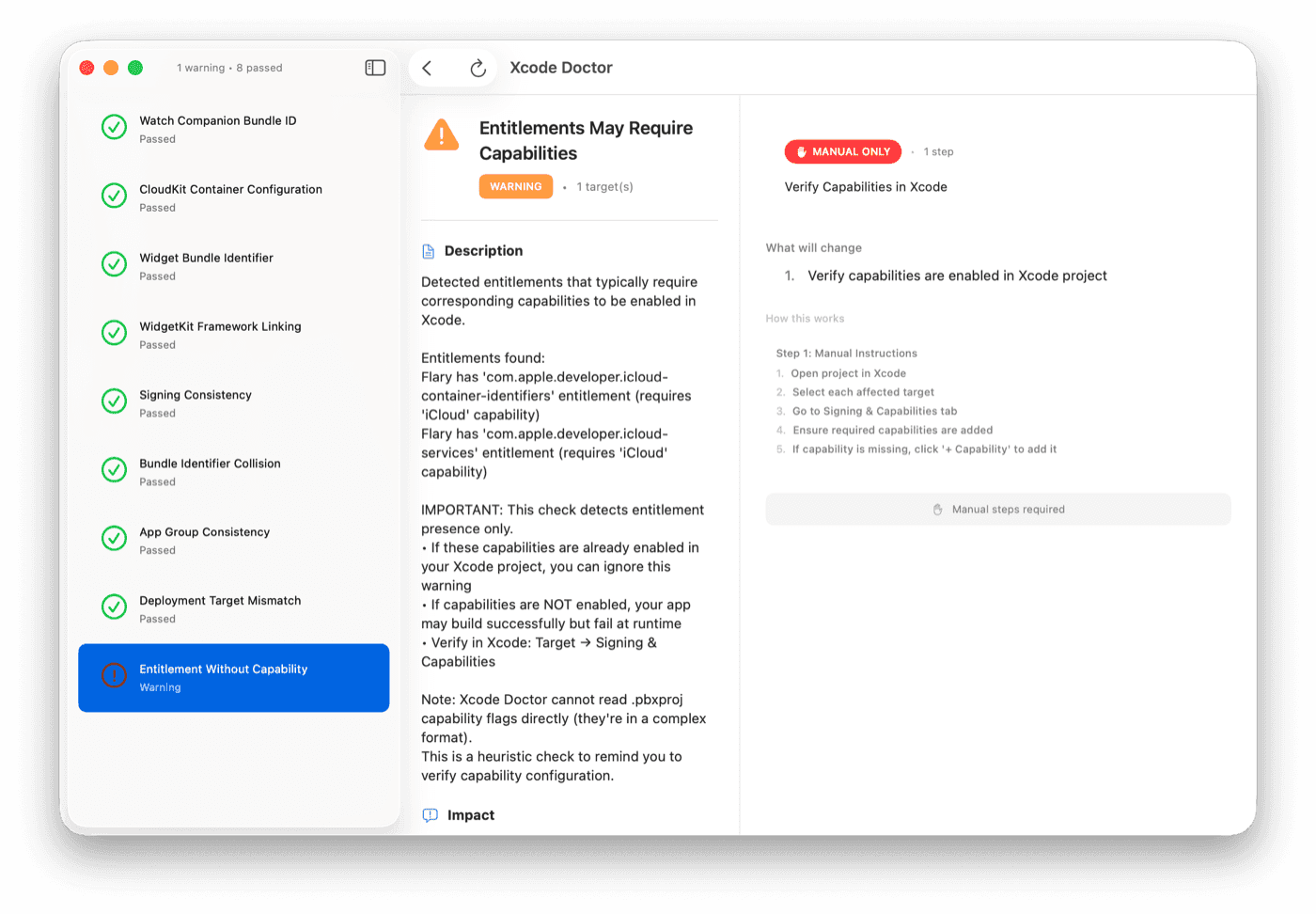 Xcode Doctor — Entitlement Without Capability warning with plain-language description, impact explanation, and manual fix steps panel