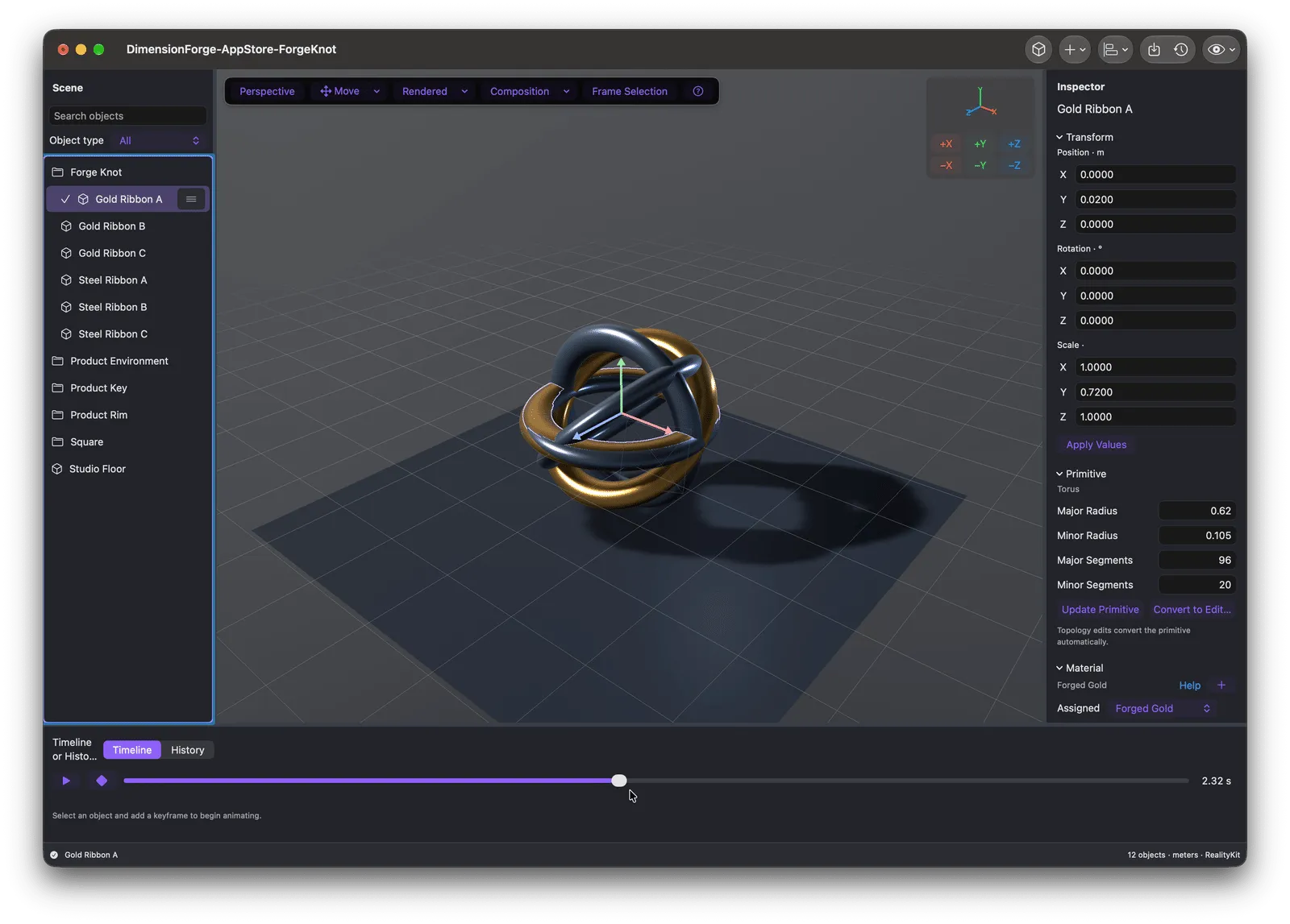 DimensionForge rendered workspace with a gold and steel model, PBR material inspector, and animation timeline