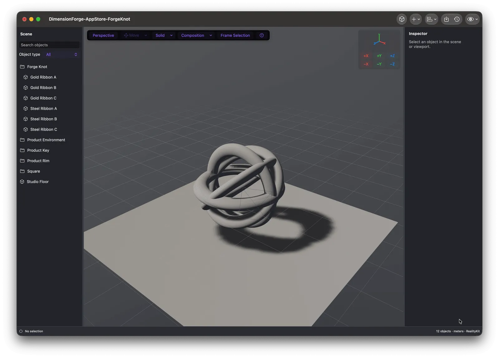 DimensionForge Solid mode showing the Forge Knot scene, scene hierarchy, viewport controls, and inspector
