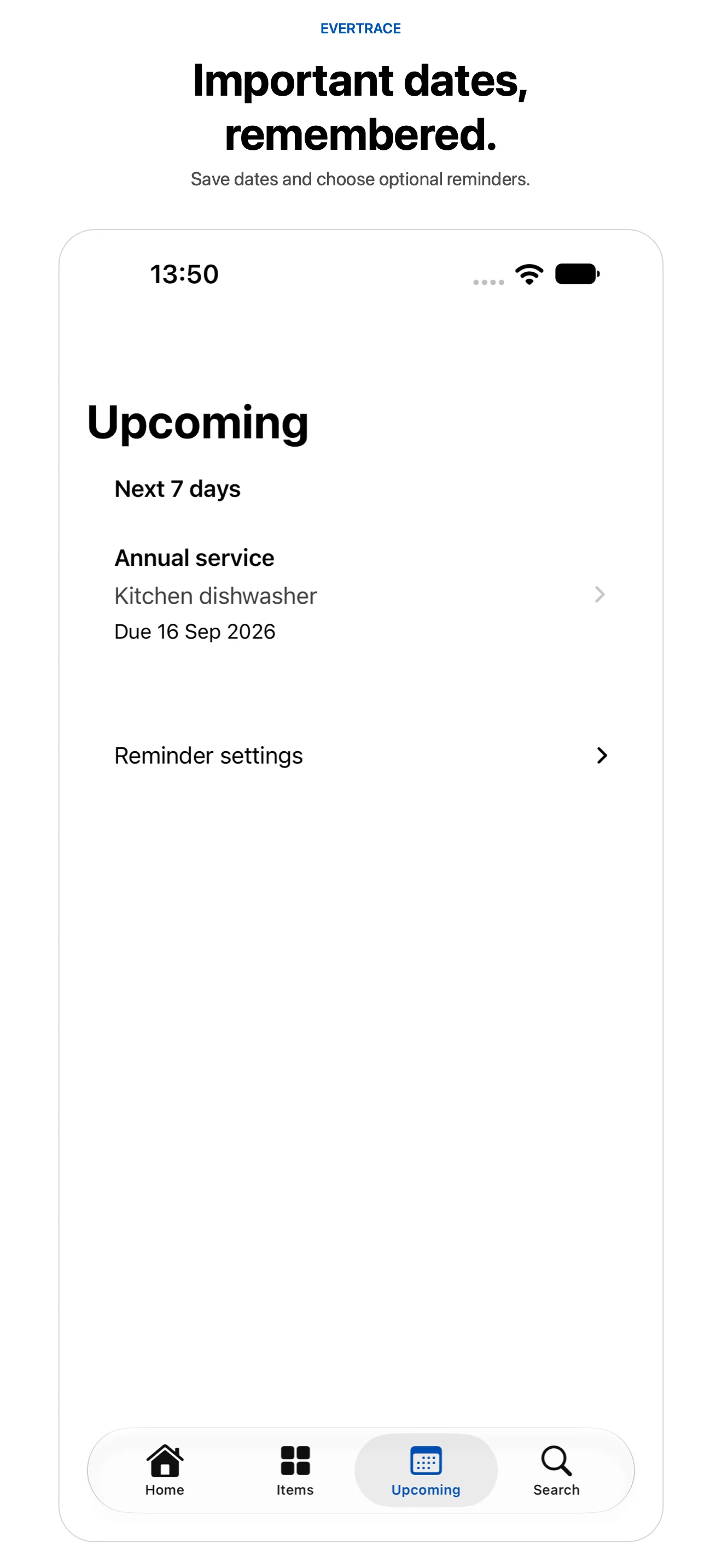 EverTrace Upcoming view showing an annual service due in the next seven days