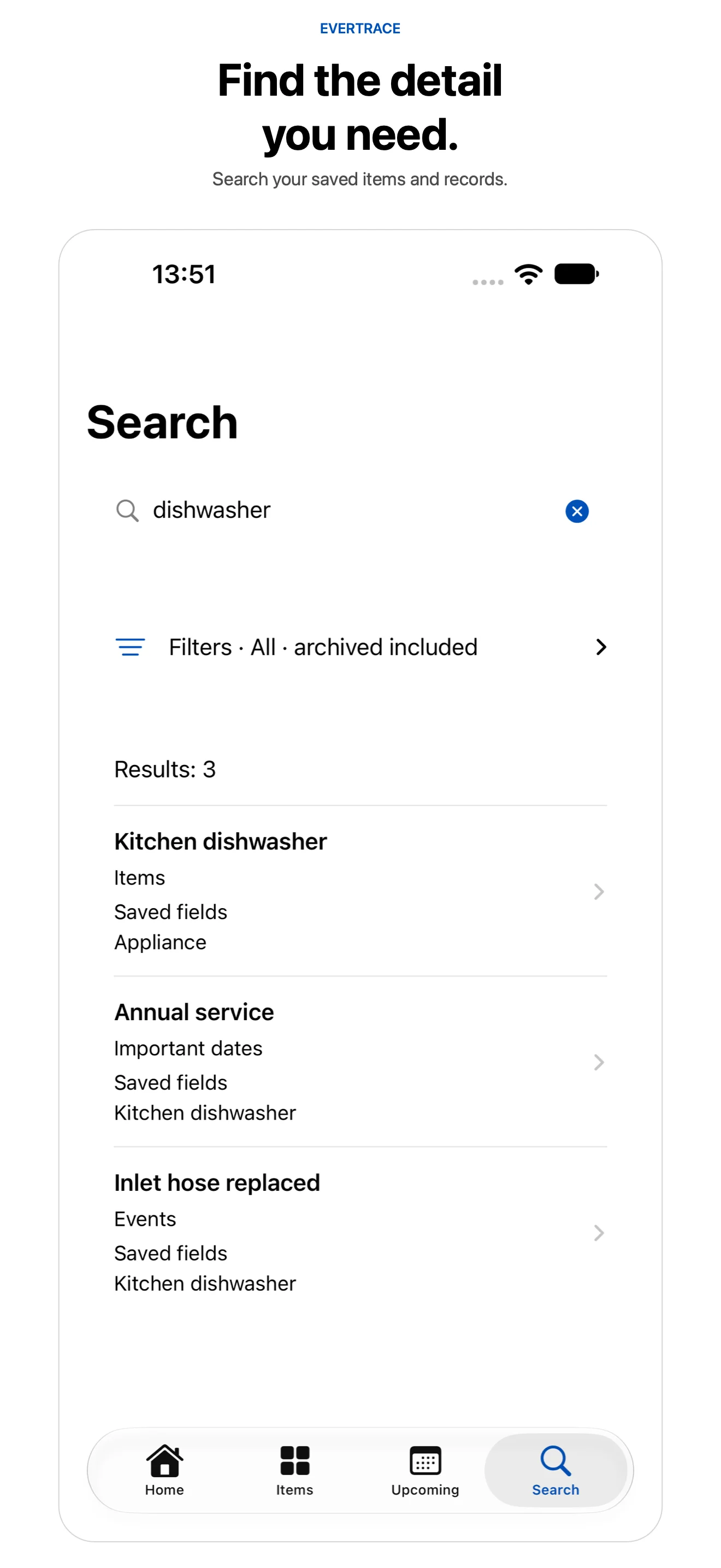 EverTrace search results for dishwasher across items, dates, and events