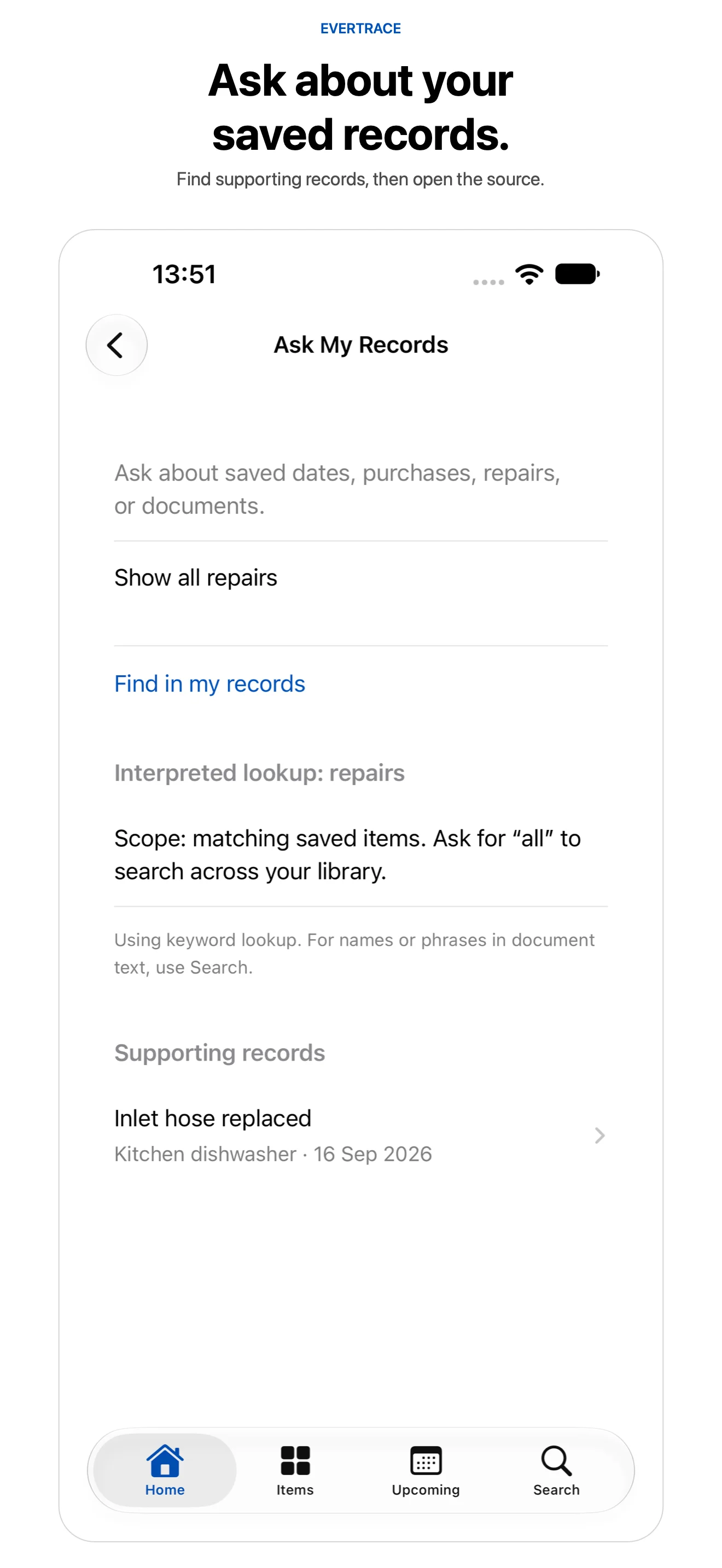 Ask My Records showing a repair lookup with a supporting record and keyword fallback