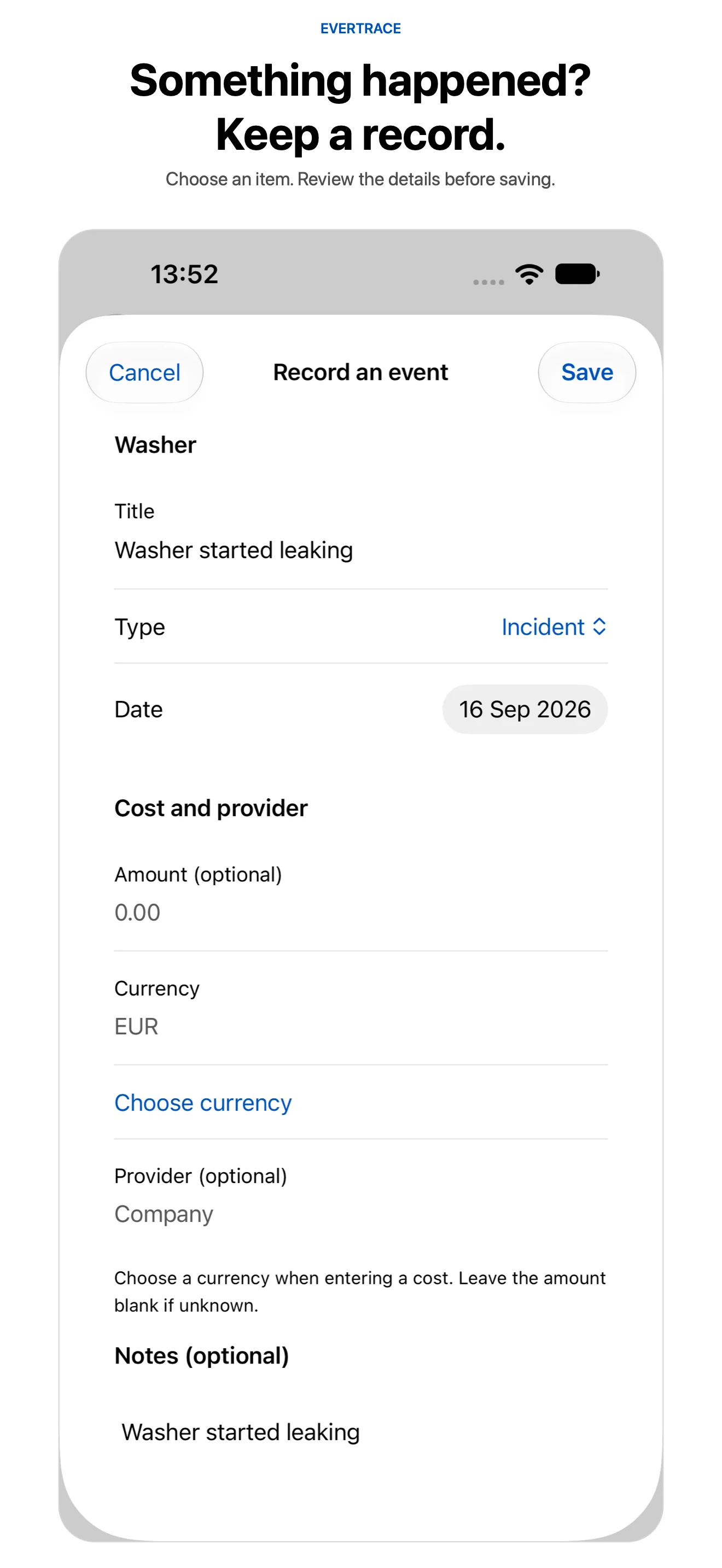 EverTrace event form for a leaking washer with date, optional cost, provider, and notes