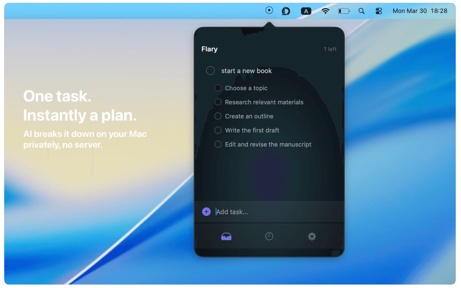 Flary — on-device AI task decomposition using Foundation Models, breaking a vague task into clear subtasks locally on macOS