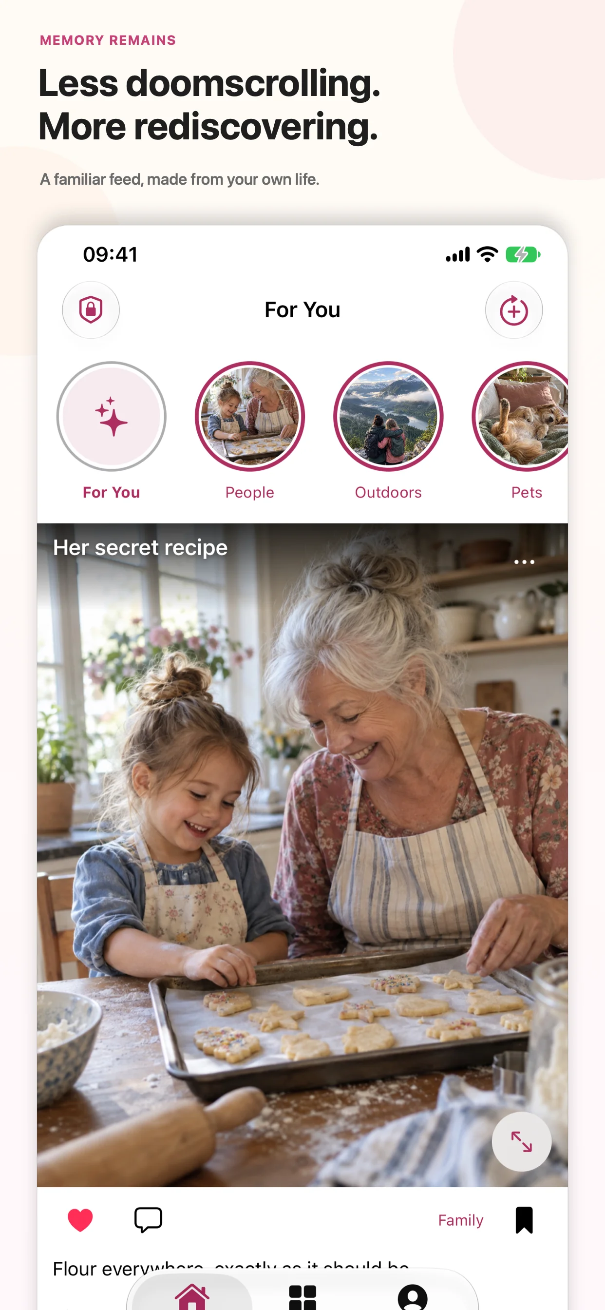 MemoryRemains For You feed with visual categories and a family baking memory
