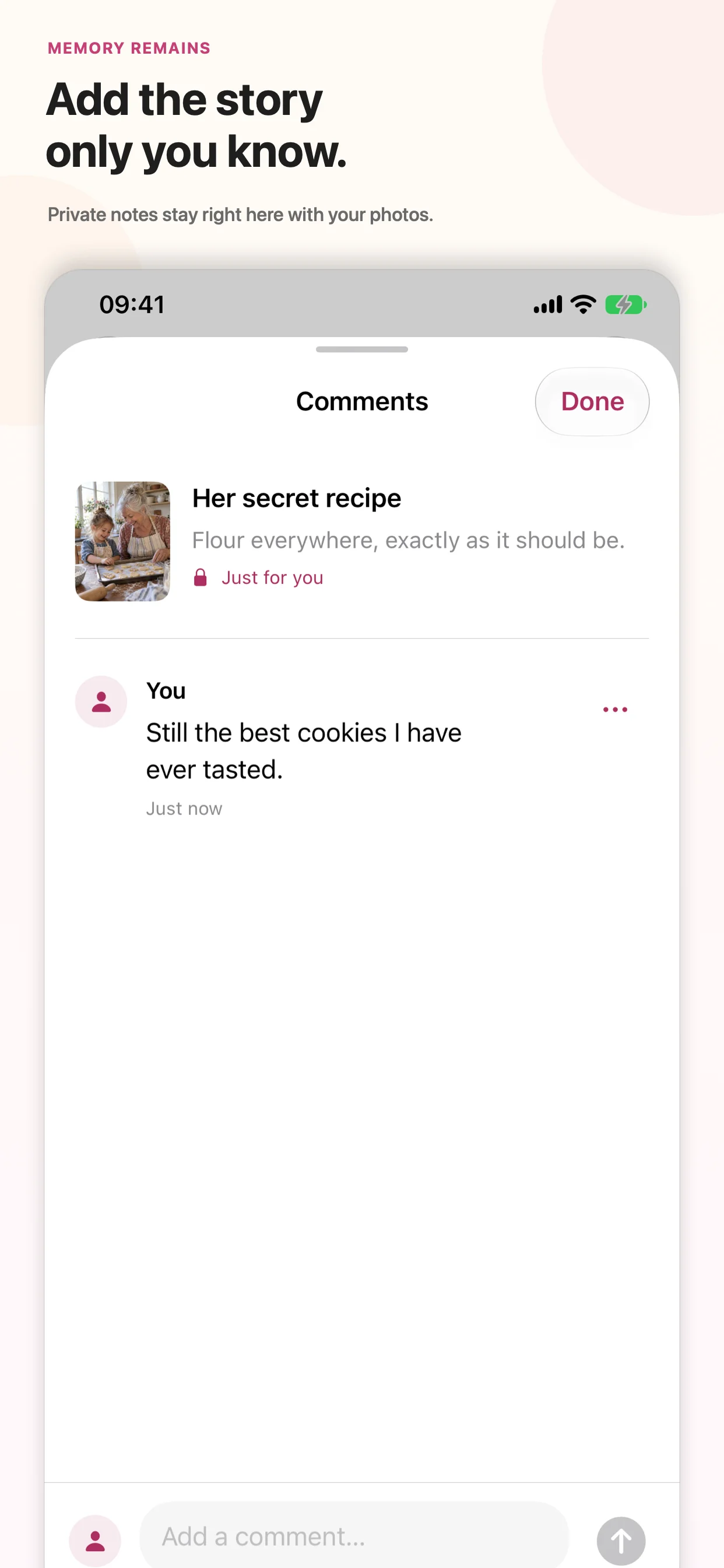 Private comment beside a family baking memory in MemoryRemains