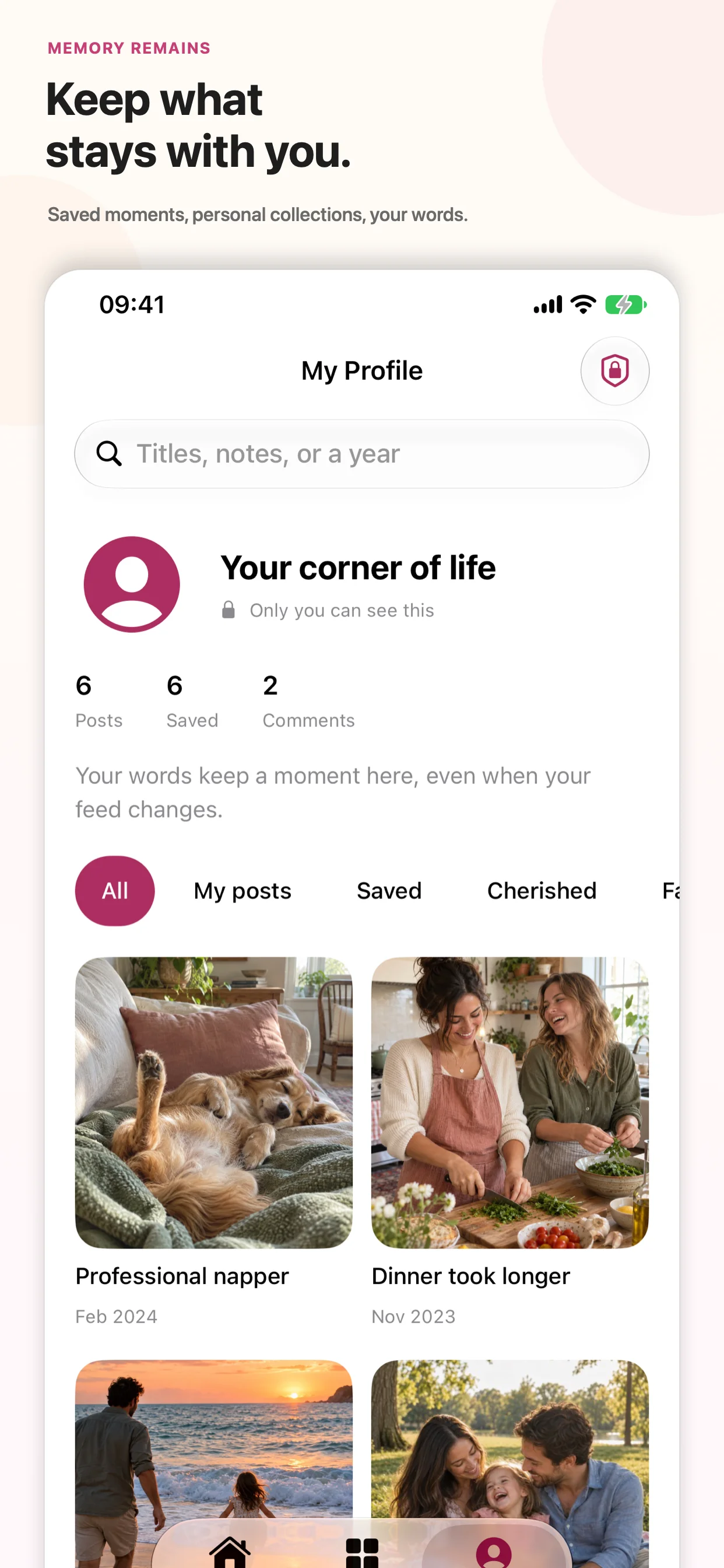 MemoryRemains My Profile with saved memories, collections, and personal search