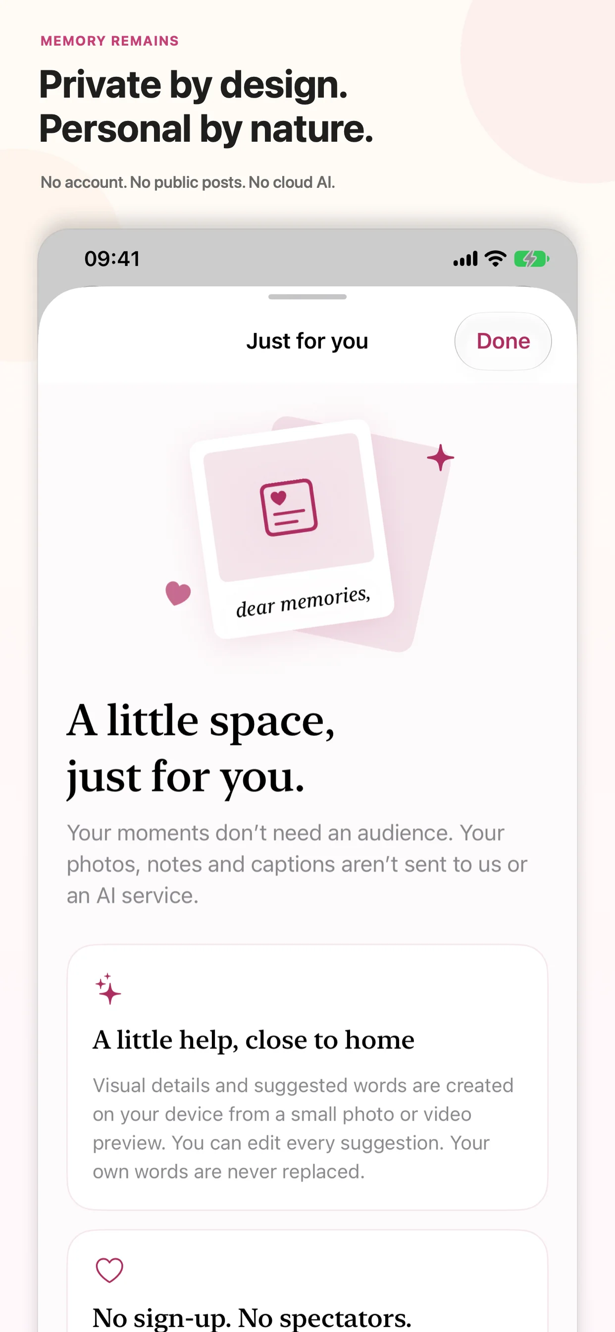 MemoryRemains privacy screen explaining on-device captions and no public audience