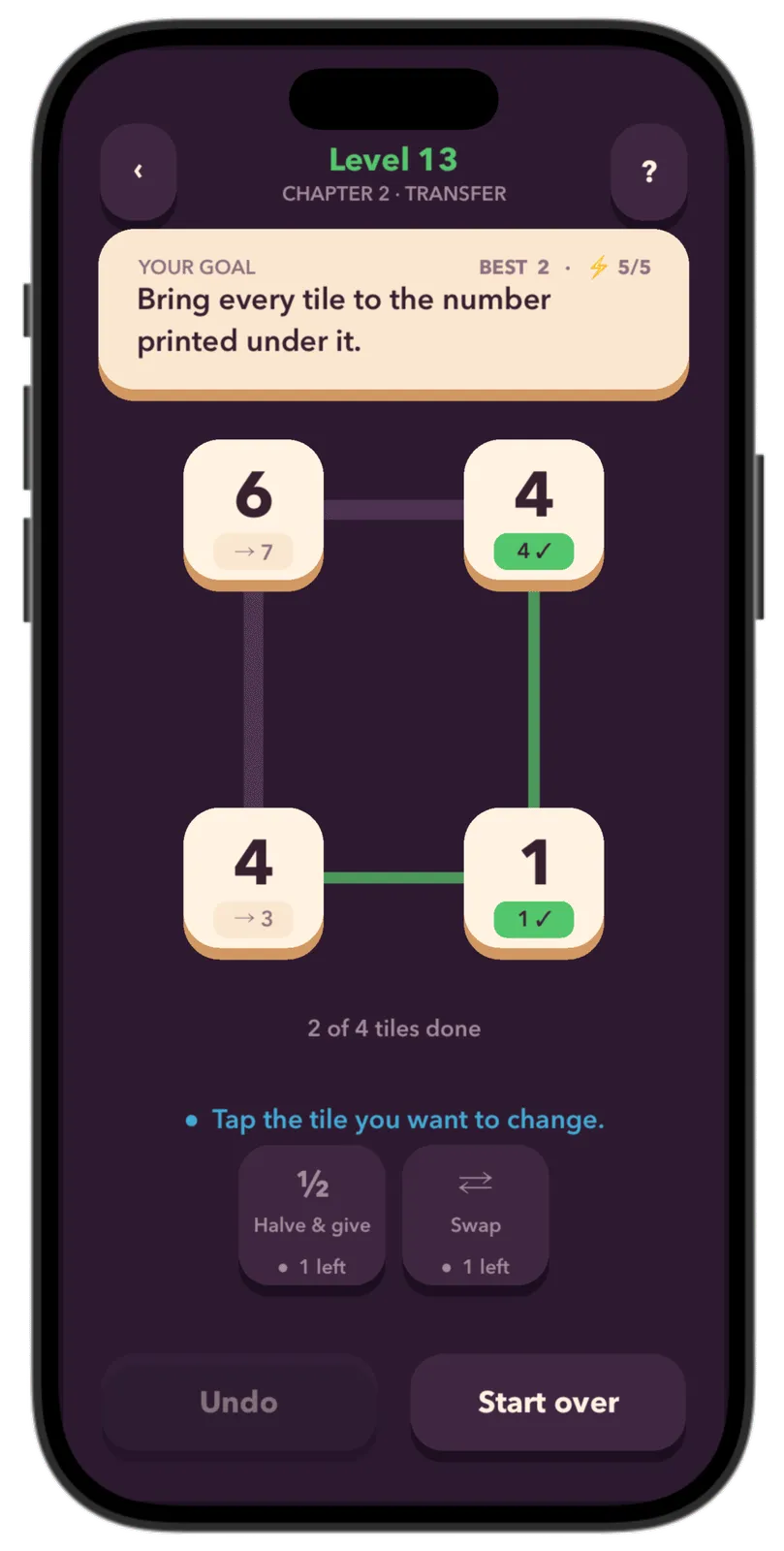 Number Network level with connected tiles, goals, and available operations