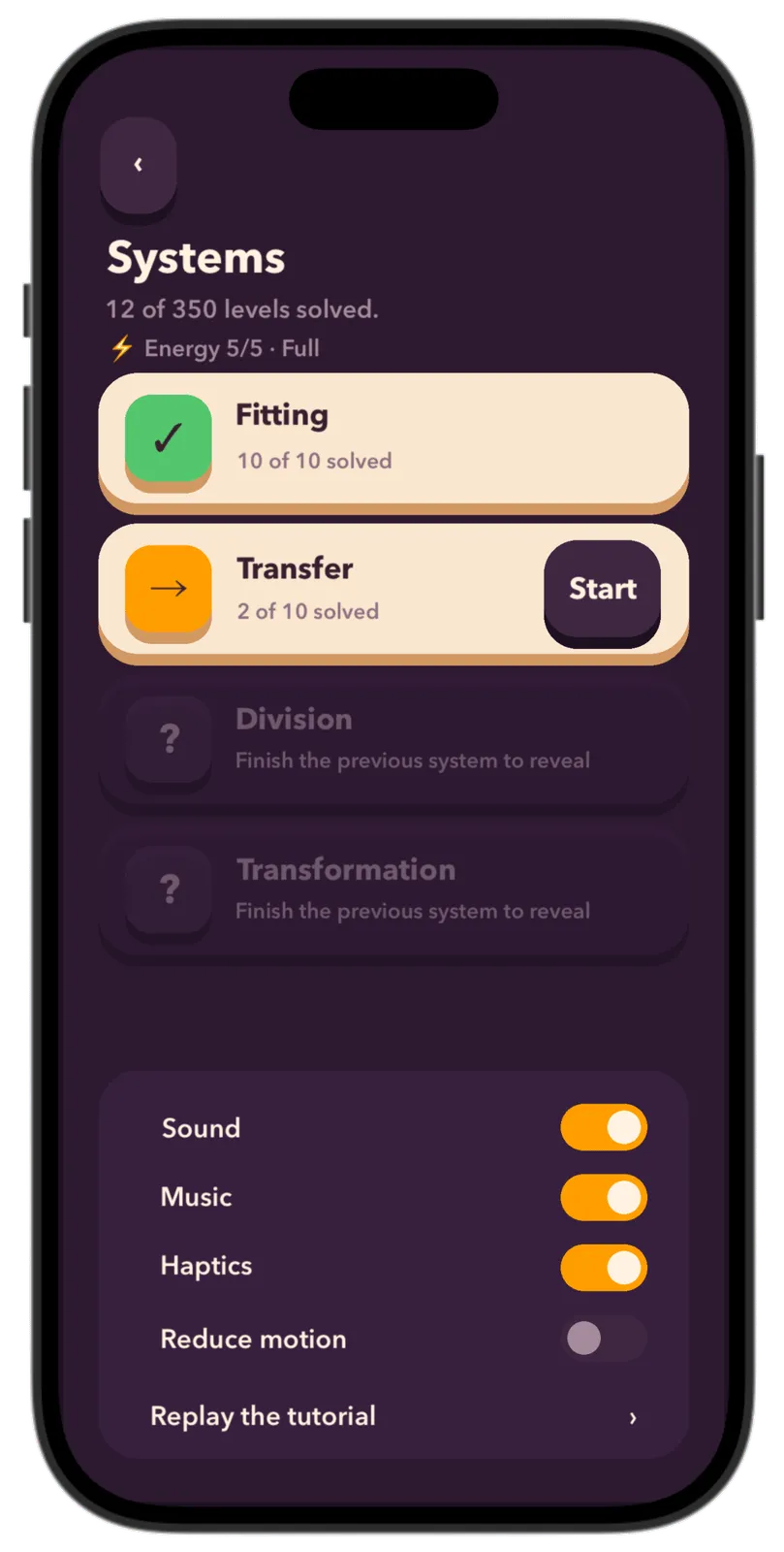 Number Network systems screen showing campaign progress, Energy, and accessibility settings